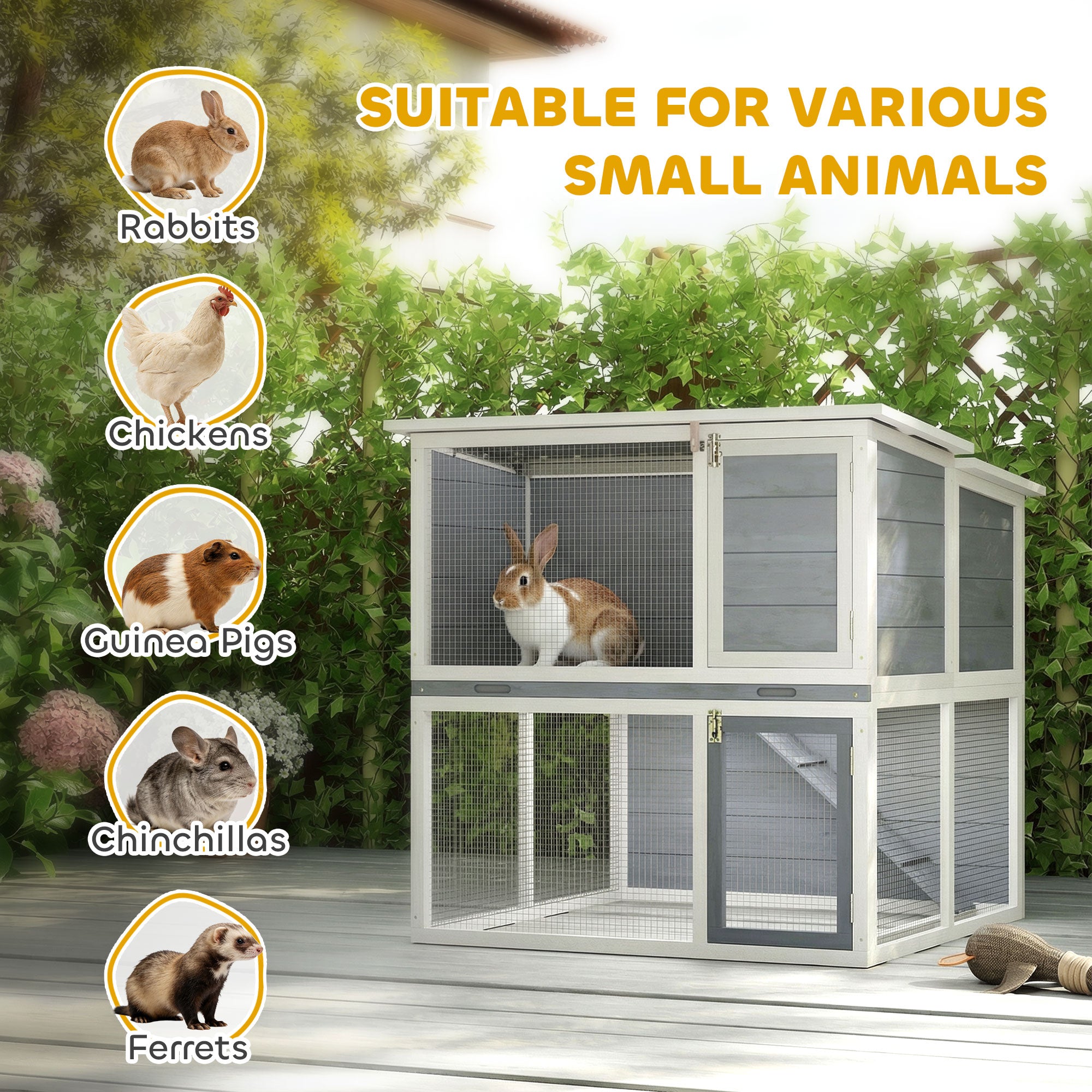 2-Tier Wooden Rabbit Hutch with Run, Weatherproof Roof, Ramp & Doors, 98 × 95 × 102.5 cm — Gray