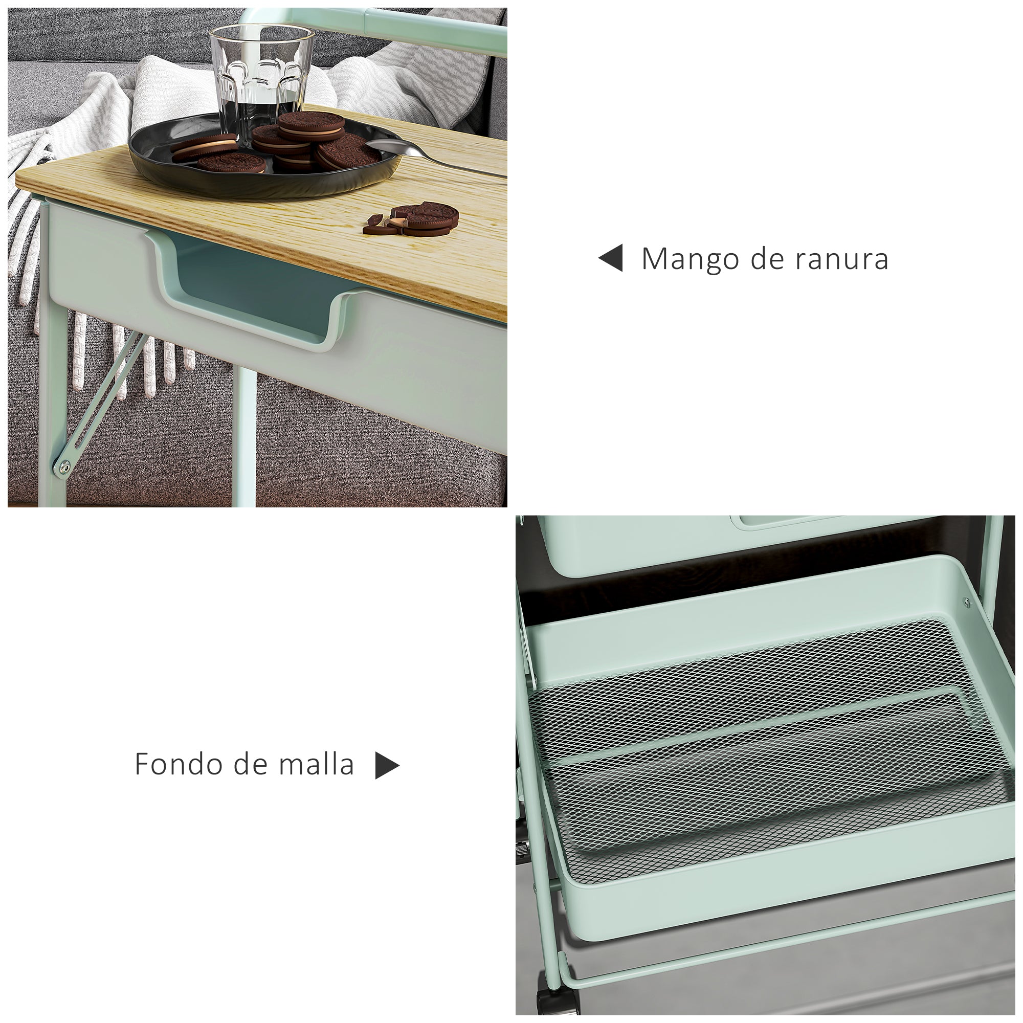 2-Tier Rolling Utility Cart with 1 Drawer and 1 Basket Organizer Cart for Bedroom Living Room Office Light Green