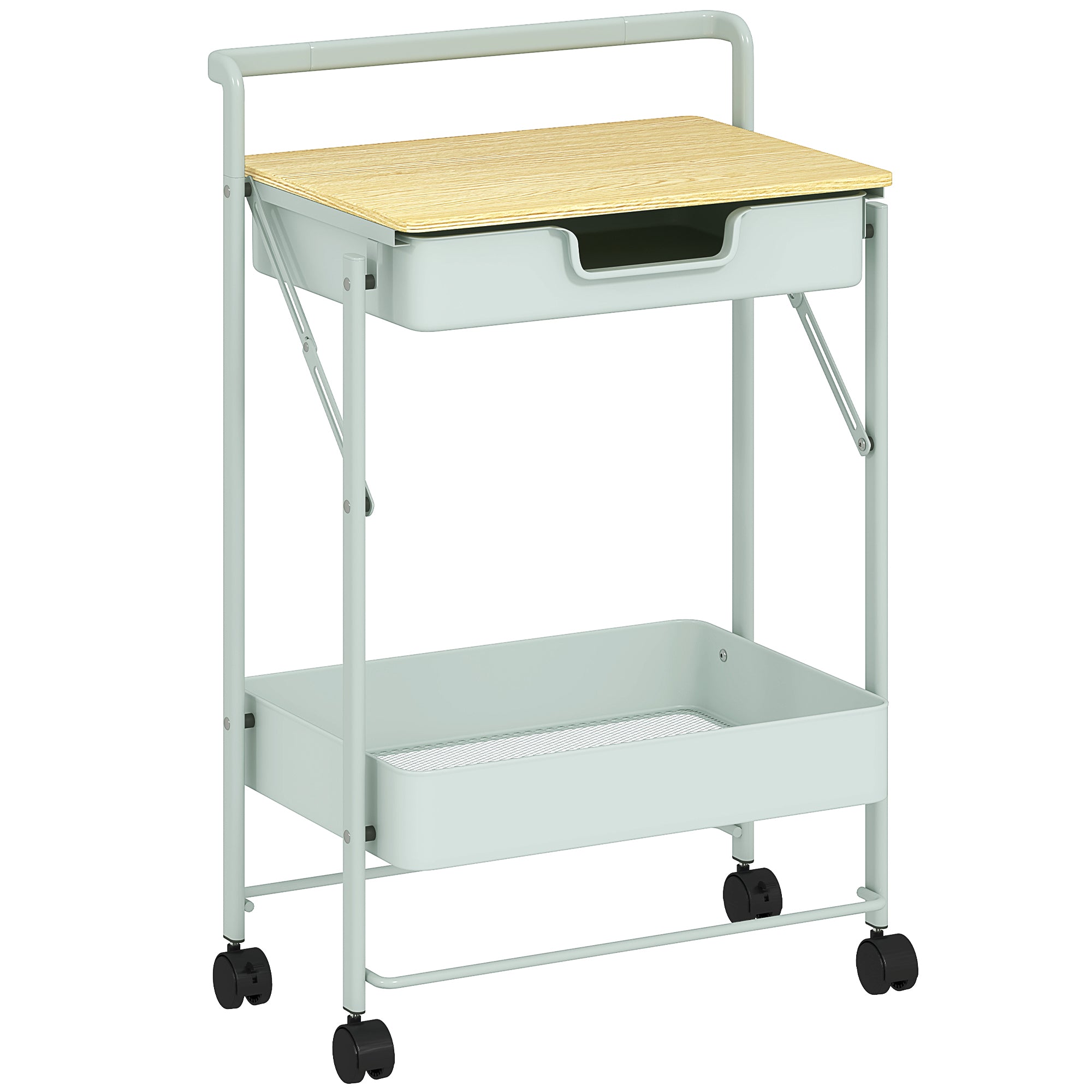 2-Tier Rolling Utility Cart with 1 Drawer and 1 Basket Organizer Cart for Bedroom Living Room Office Light Green