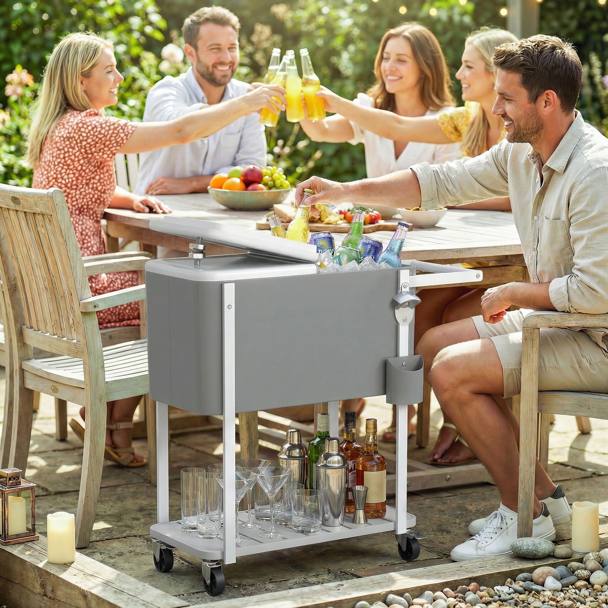56L Wheeled Cooler Cart with Shelf, Bottle Opener, Cap Catcher, Drain & Handle — Outdoor Patio Party BBQ Cooler, 84 × 38 × 83 cm, Gray