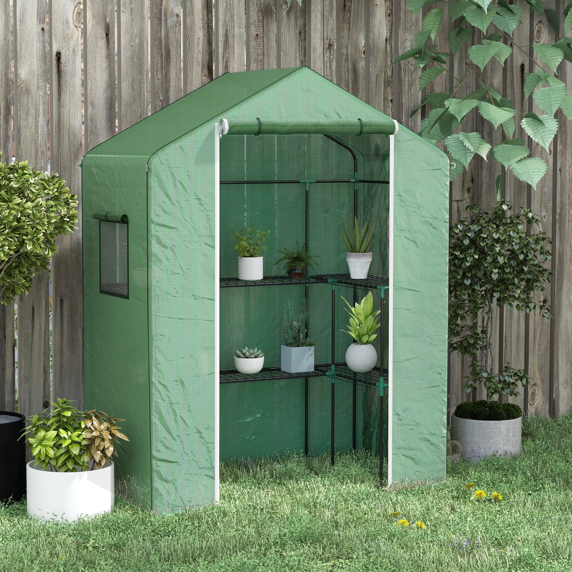 Outdoor Greenhouse Garden Greenhouse with 1 Roll-Up Door 2 Windows and U-Shaped 2-Tier Shelves Greenhouse for Plant Cultivation on Terrace Patio 140x73x190 cm Green