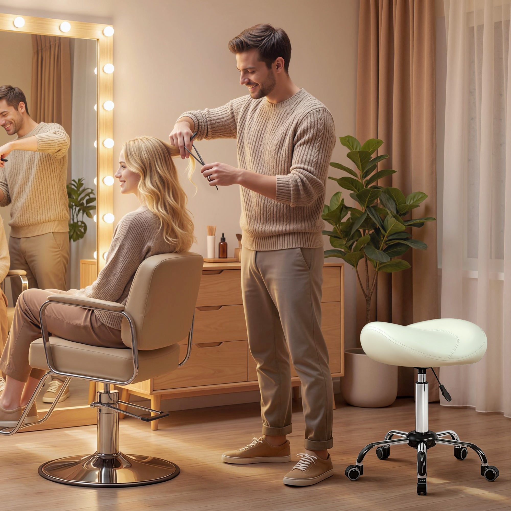 Height-Adjustable Rolling Stool 21.7–28.0 in, Swivel Saddle Seat with Thick Cushion, 360° Office/Salon Massage Spa Stool – Cream