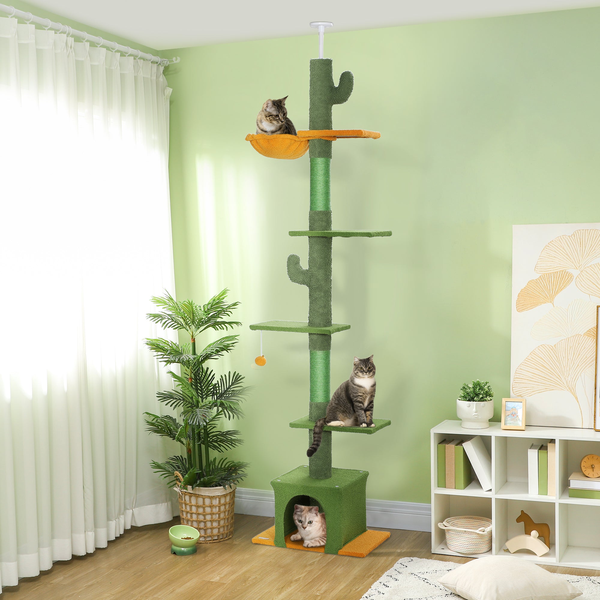 Ceiling High Cat Scratching Post, Cat Tree, 230-275 cm Cat Scratching Post with Cat Cave, Scratching Posts, Play Ball, Cat Furniture with Anti-Tip Device, Green