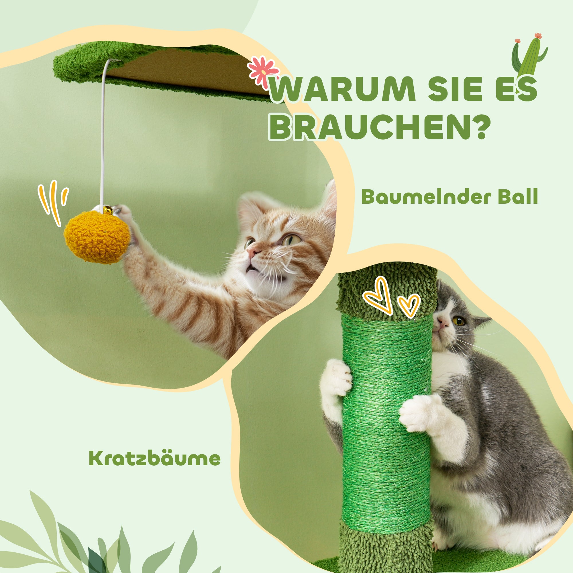 Ceiling High Cat Scratching Post, Cat Tree, 230-275 cm Cat Scratching Post with Cat Cave, Scratching Posts, Play Ball, Cat Furniture with Anti-Tip Device, Green