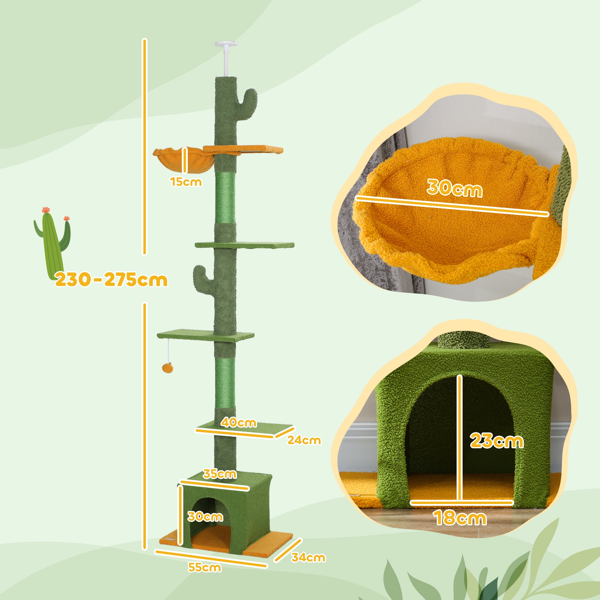 Ceiling High Cat Scratching Post, Cat Tree, 230-275 cm Cat Scratching Post with Cat Cave, Scratching Posts, Play Ball, Cat Furniture with Anti-Tip Device, Green