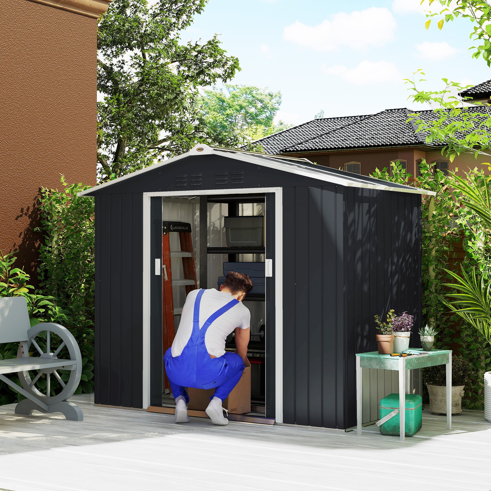 Garden Shed 2.42m² with Reinforcement Base Without Floor 213x130x185 cm Outdoor Garden Shed with Sliding Doors Skylight 4 Windows for Tool Storage Dark Gray