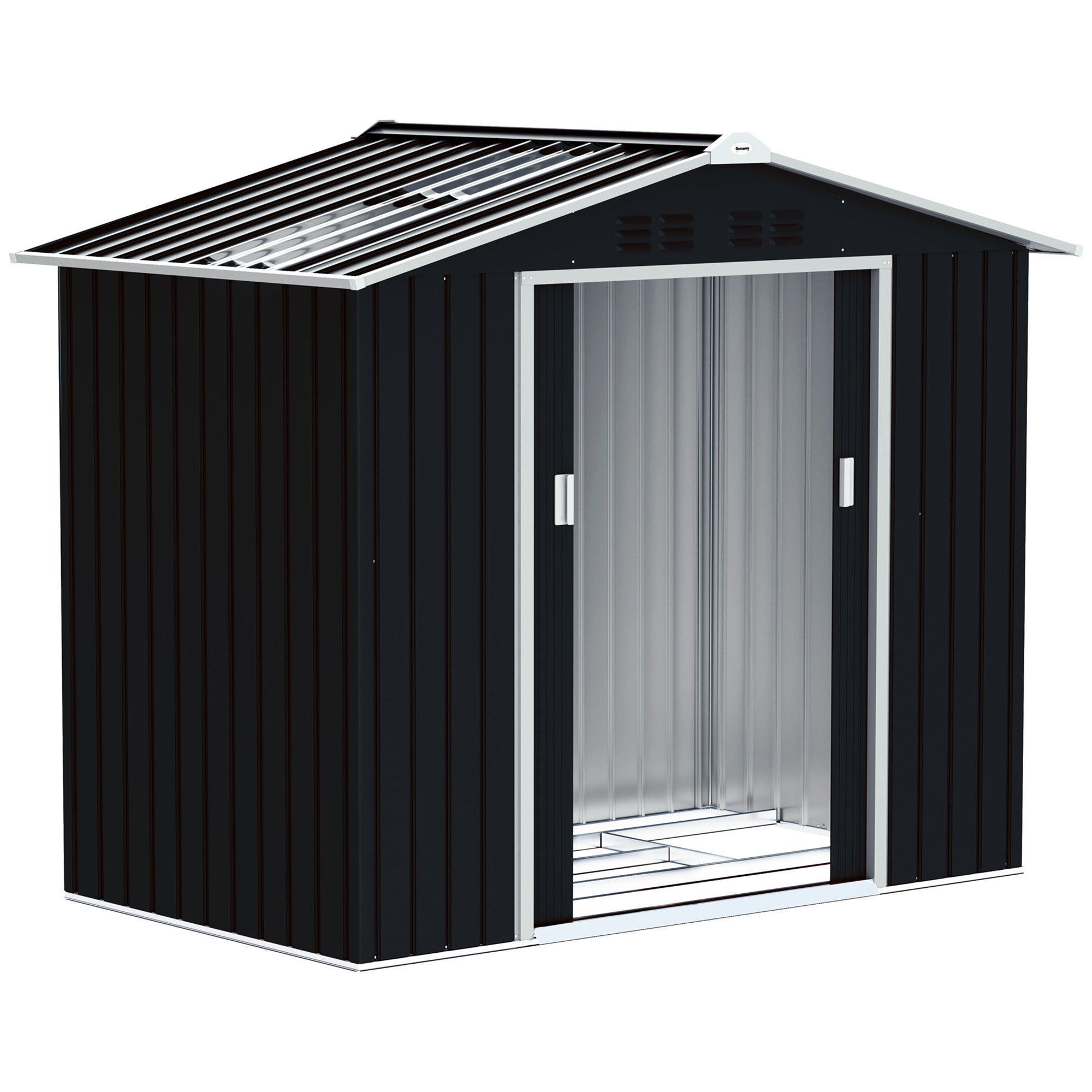 Garden Shed 2.42m² with Reinforcement Base Without Floor 213x130x185 cm Outdoor Garden Shed with Sliding Doors Skylight 4 Windows for Tool Storage Dark Gray