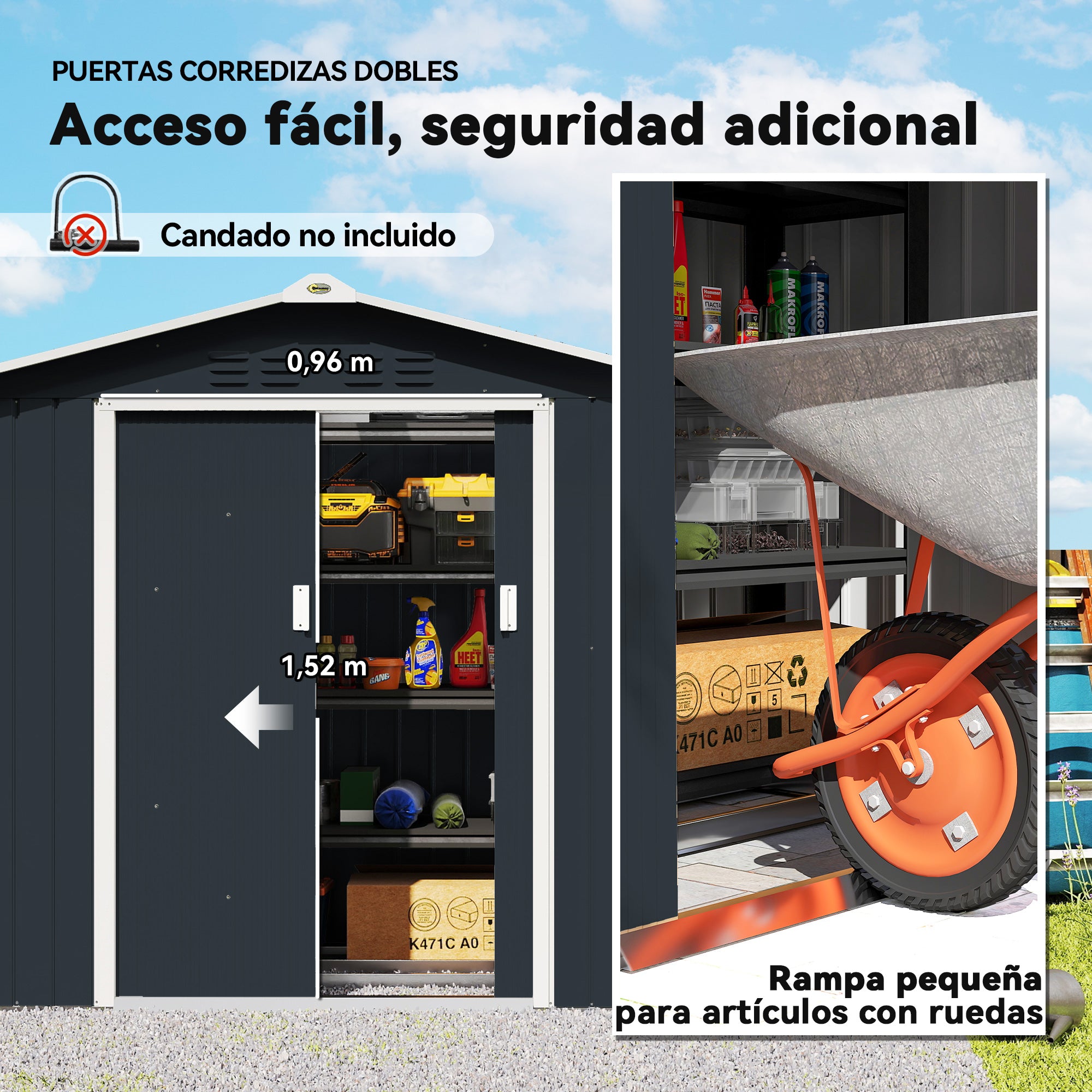 Garden Shed 2.42m² with Reinforcement Base Without Floor 213x130x185 cm Outdoor Garden Shed with Sliding Doors Skylight 4 Windows for Tool Storage Dark Gray