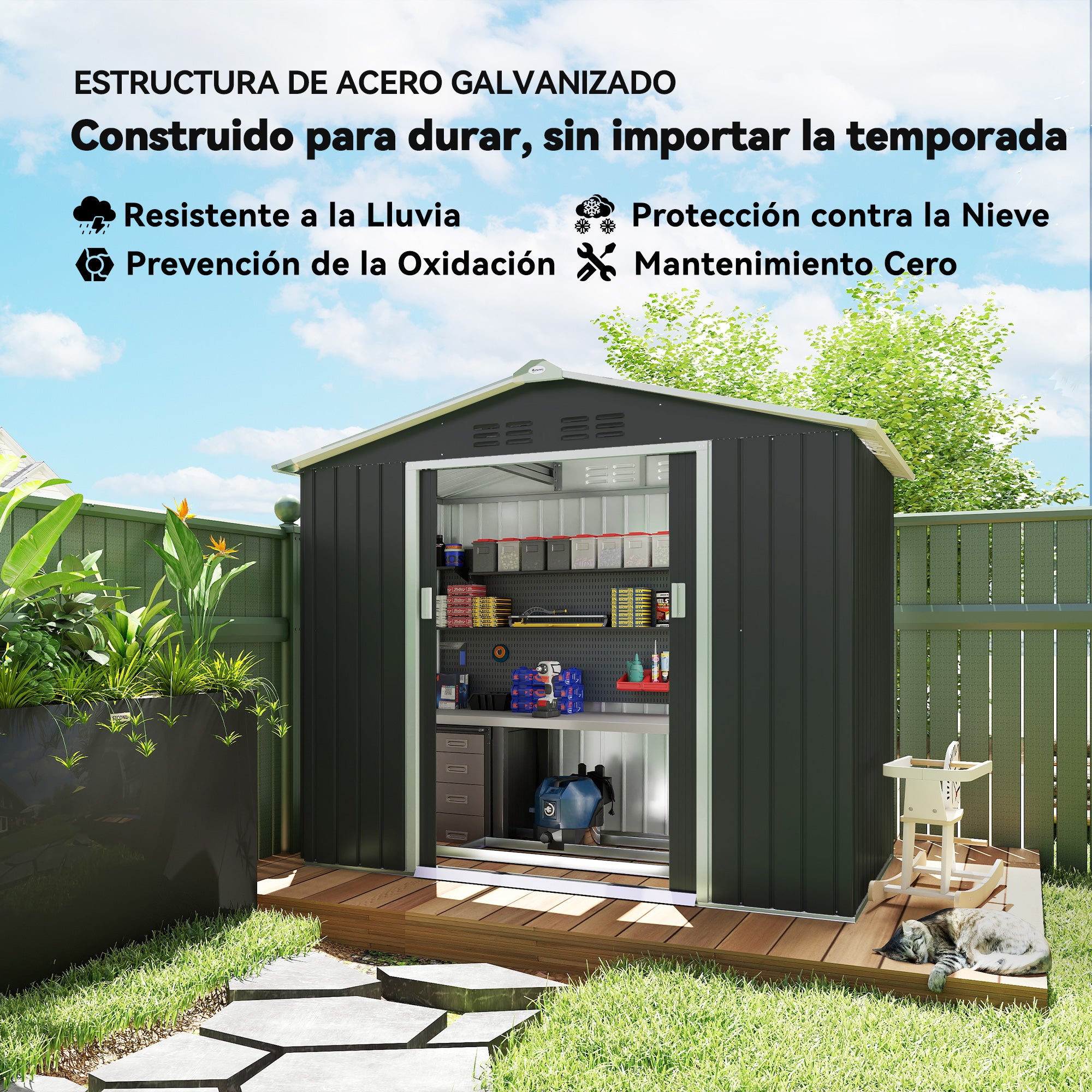 Garden Shed 2.42m² with Reinforcement Base Without Floor 213x130x185 cm Outdoor Garden Shed with Sliding Doors Skylight 4 Windows for Tool Storage Dark Gray