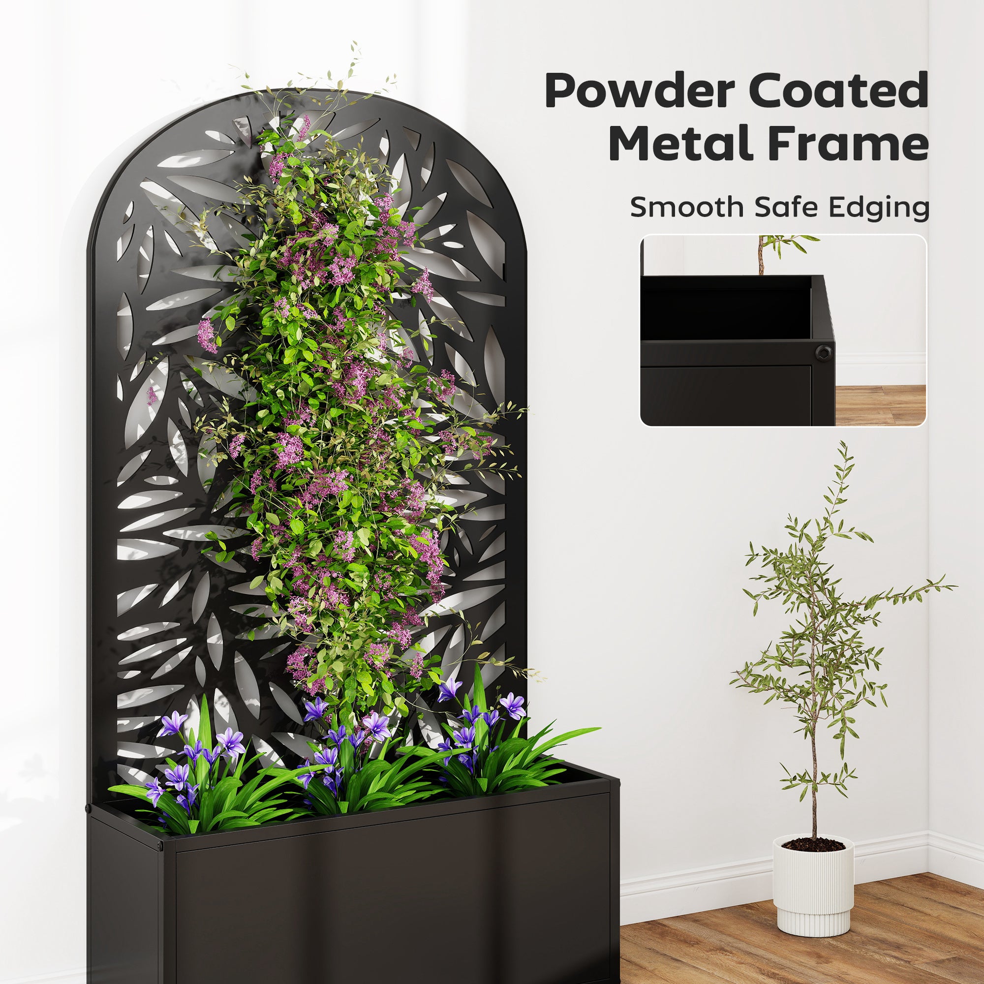 Elevated Planter with Leaf-Pattern Trellis — Metal Flower Box 24" x 9" x 44.5" for Garden, Balcony & Patio