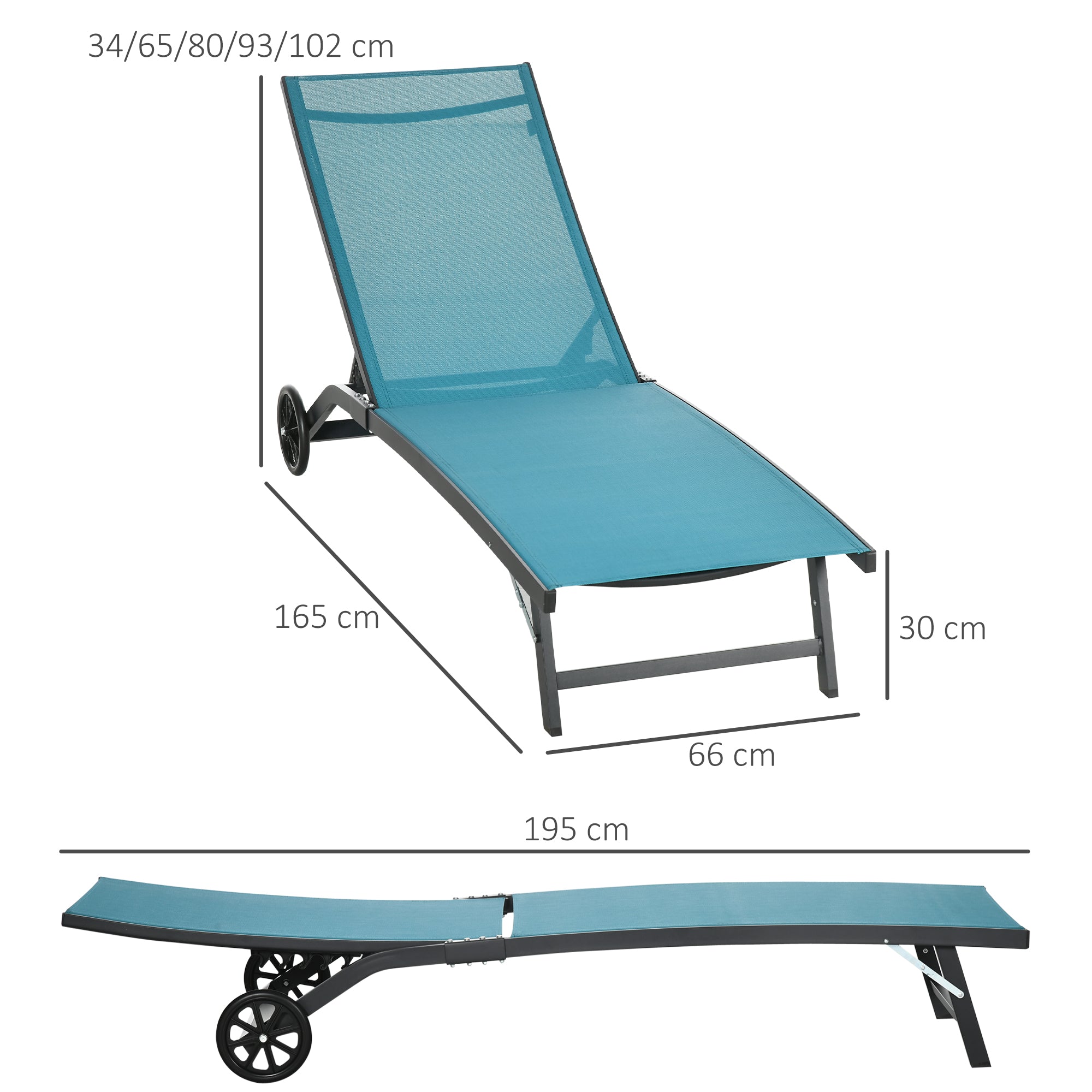 Sun Lounger with Wheels, Aluminum Garden Lounger with 5-Position Adjustable Backrest, Weatherproof Camping Lounger, Garden Chair for up to 150 kg, for Garden Vacation Beach Pool, Blue