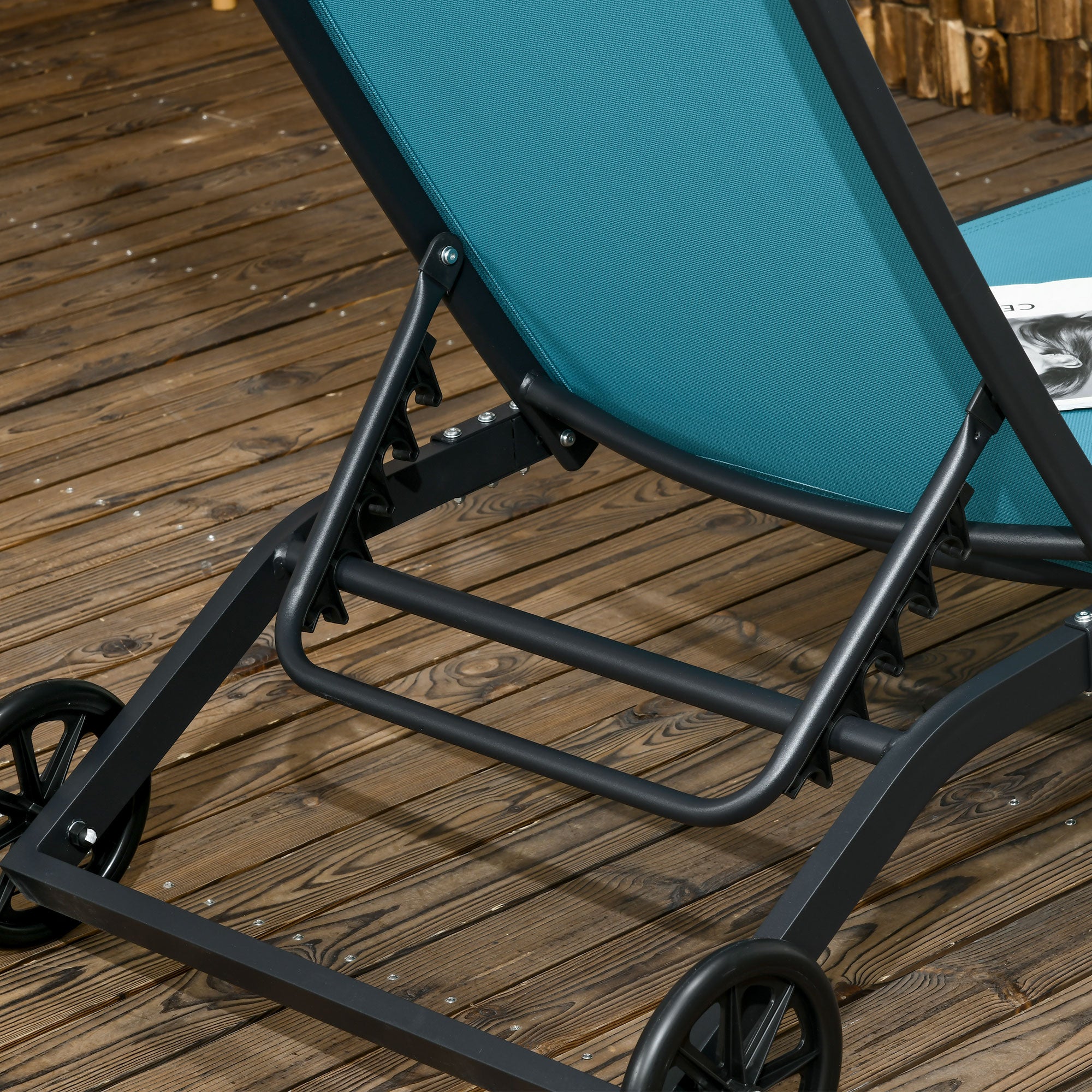 Sun Lounger with Wheels, Aluminum Garden Lounger with 5-Position Adjustable Backrest, Weatherproof Camping Lounger, Garden Chair for up to 150 kg, for Garden Vacation Beach Pool, Blue