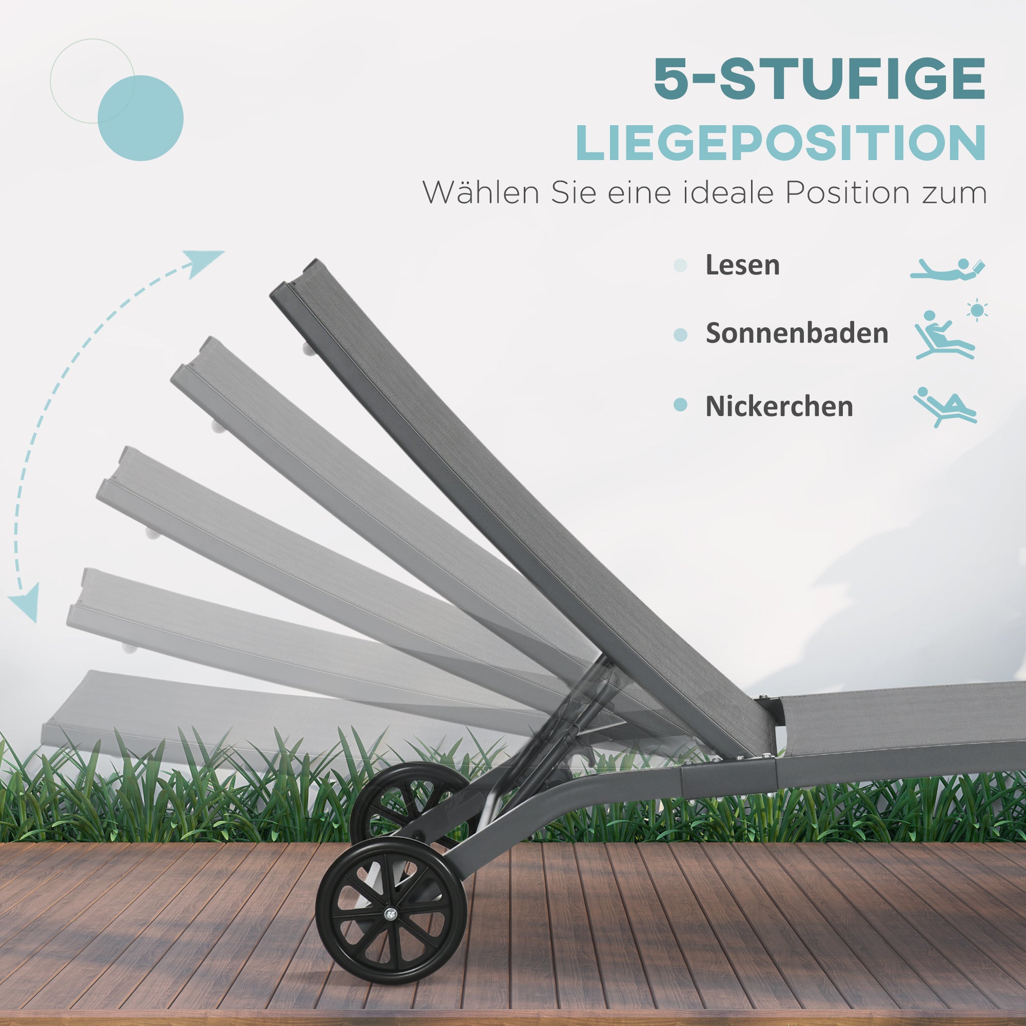 Sun Lounger with Wheels, Aluminum Garden Lounger with 5-Position Adjustable Backrest, Weatherproof Camping Lounger, Garden Chair for up to 150 kg, for Garden Vacation Beach Pool, Blue