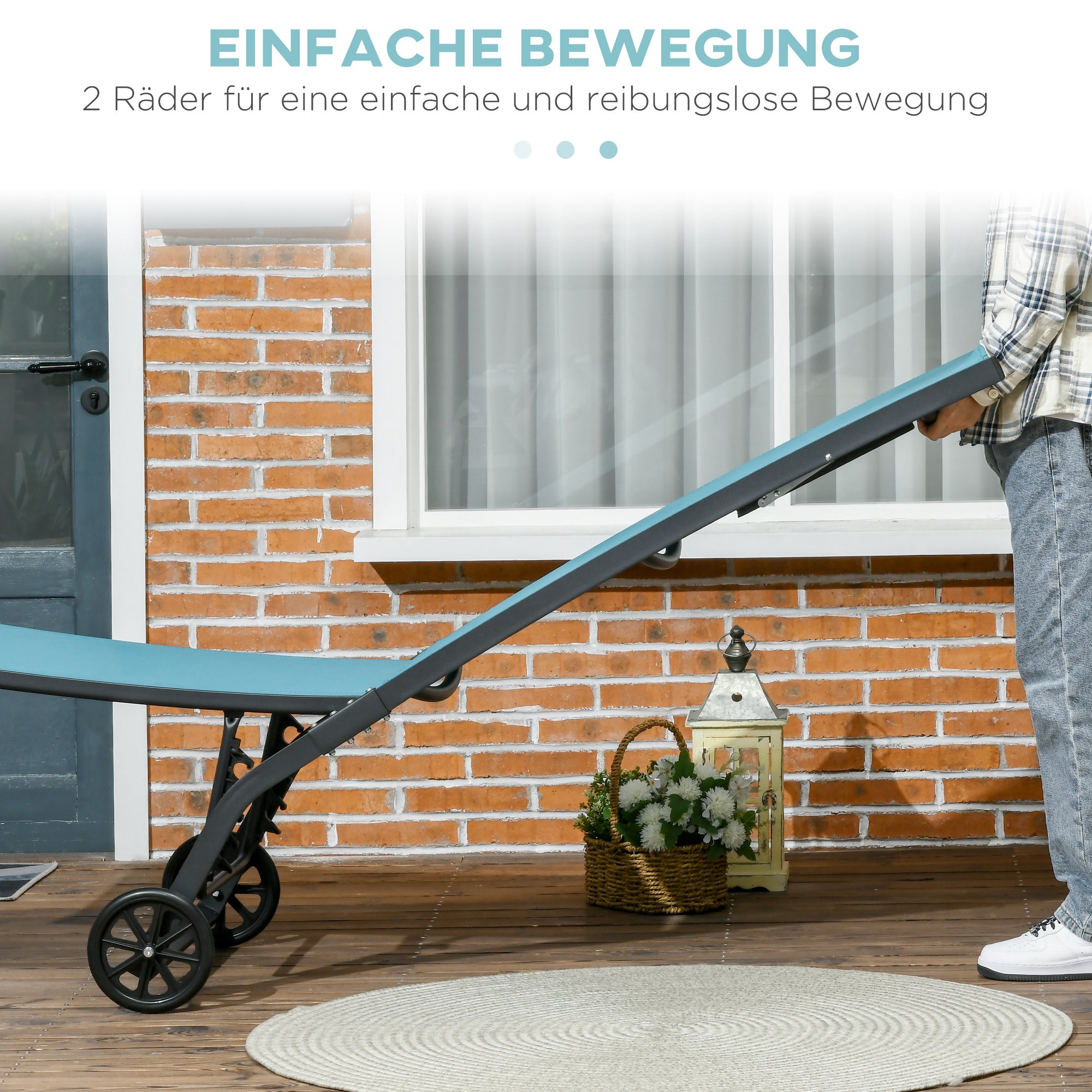 Sun Lounger with Wheels, Aluminum Garden Lounger with 5-Position Adjustable Backrest, Weatherproof Camping Lounger, Garden Chair for up to 150 kg, for Garden Vacation Beach Pool, Blue