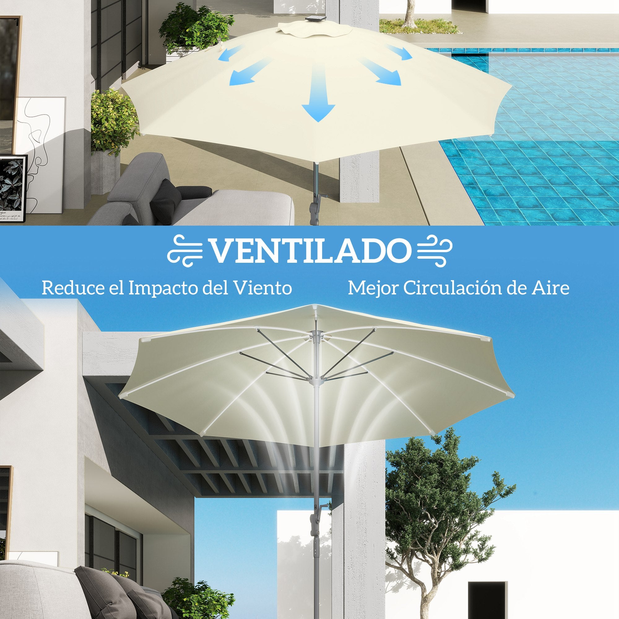 Outdoor Terrace Umbrella with LED Lights Ø300x256 cm Garden Parasol with Crank UV50+ Protection and Aluminum Post Umbrella for Patio Pool Beach Cream