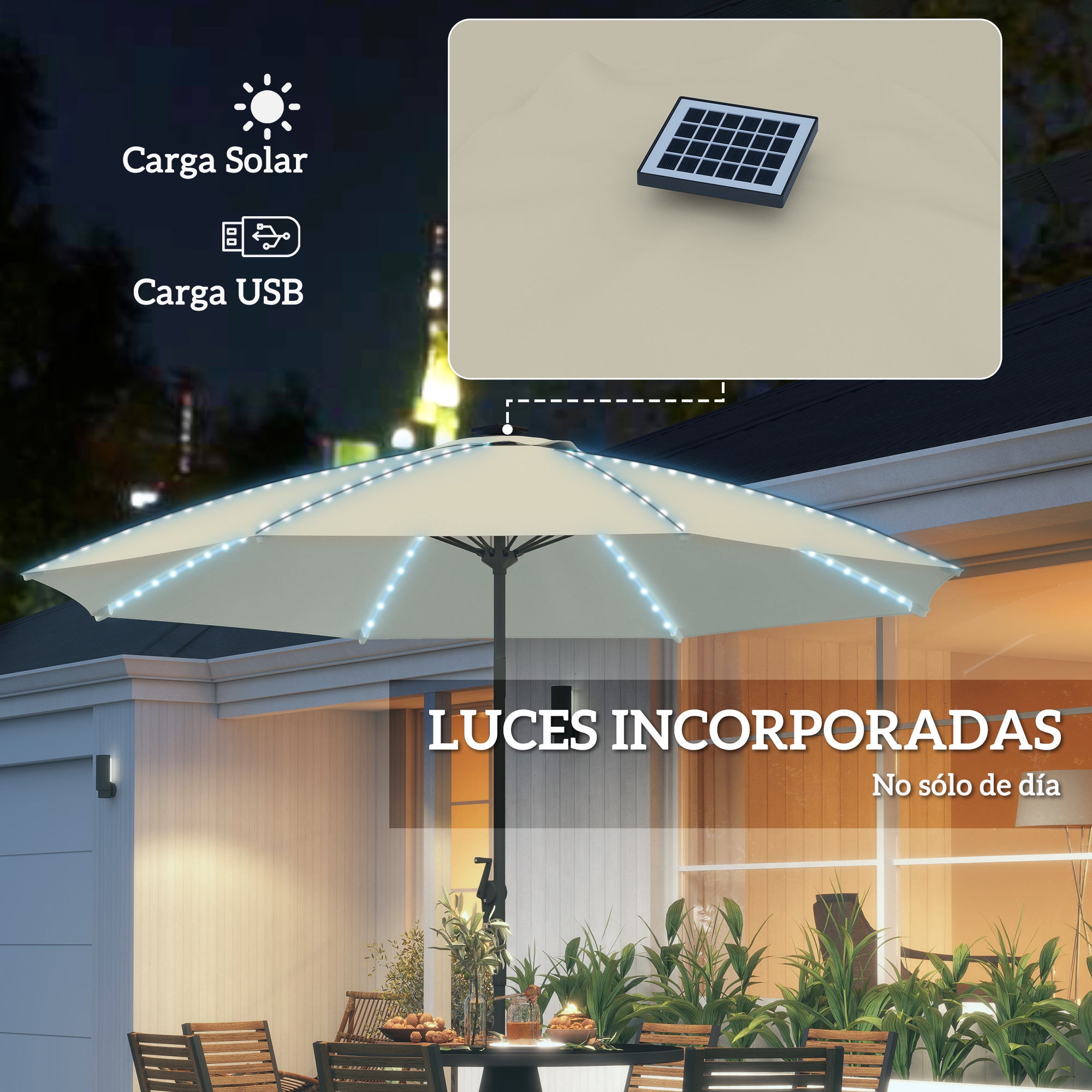 Outdoor Terrace Umbrella with LED Lights Ø300x256 cm Garden Parasol with Crank UV50+ Protection and Aluminum Post Umbrella for Patio Pool Beach Cream