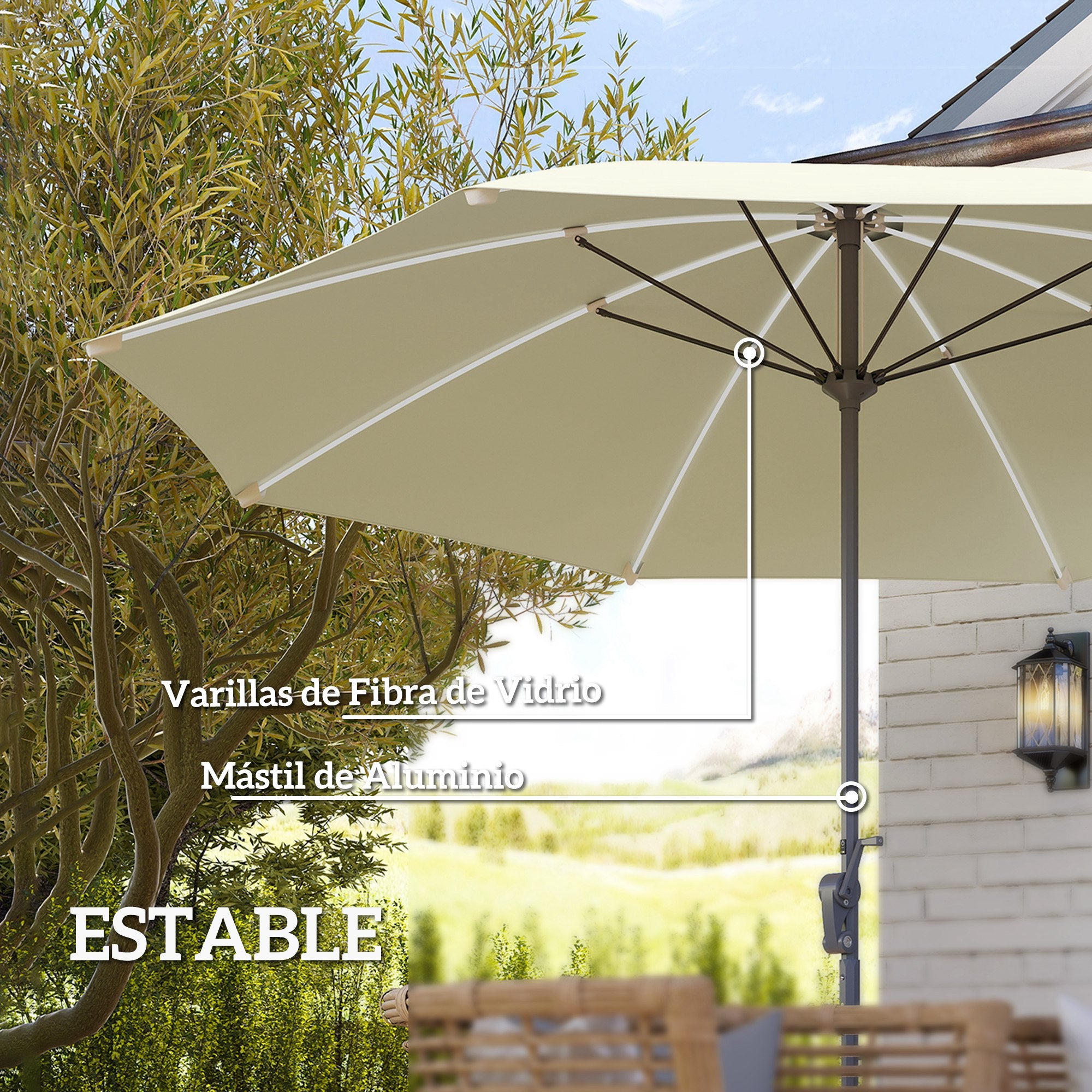 Outdoor Terrace Umbrella with LED Lights Ø300x256 cm Garden Parasol with Crank UV50+ Protection and Aluminum Post Umbrella for Patio Pool Beach Cream