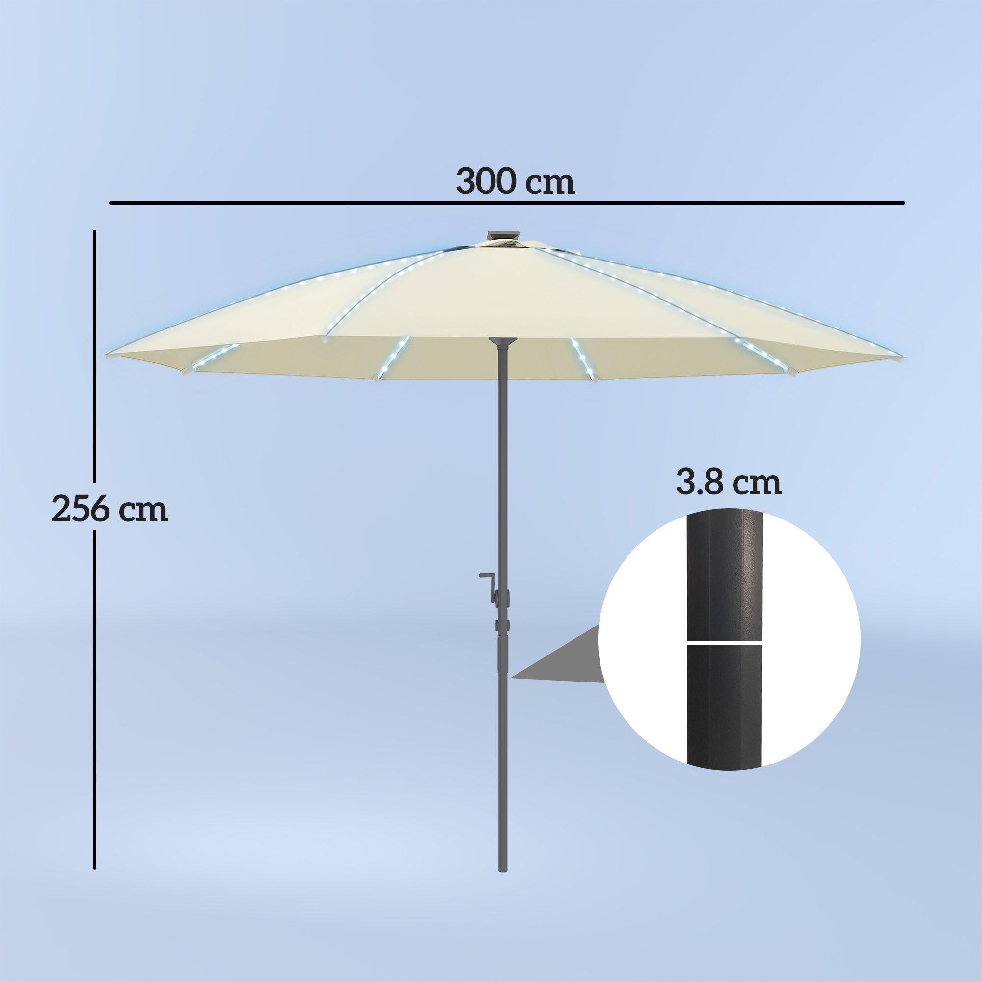 Outdoor Terrace Umbrella with LED Lights Ø300x256 cm Garden Parasol with Crank UV50+ Protection and Aluminum Post Umbrella for Patio Pool Beach Cream