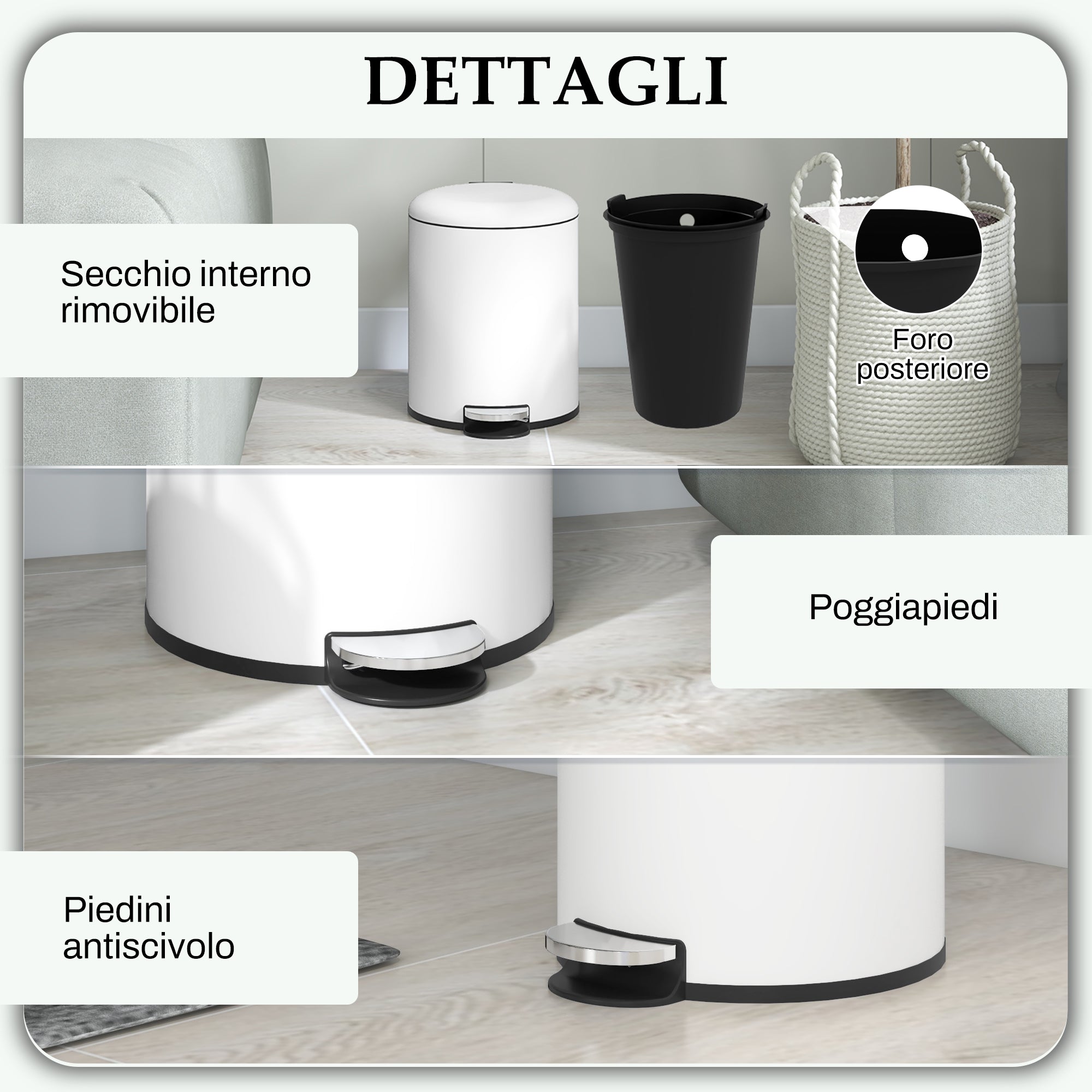 5L Pedal Trash Can with Soft Closing Lid, Metal and PP Waste Basket, 26.5x21x28 cm, Cream White