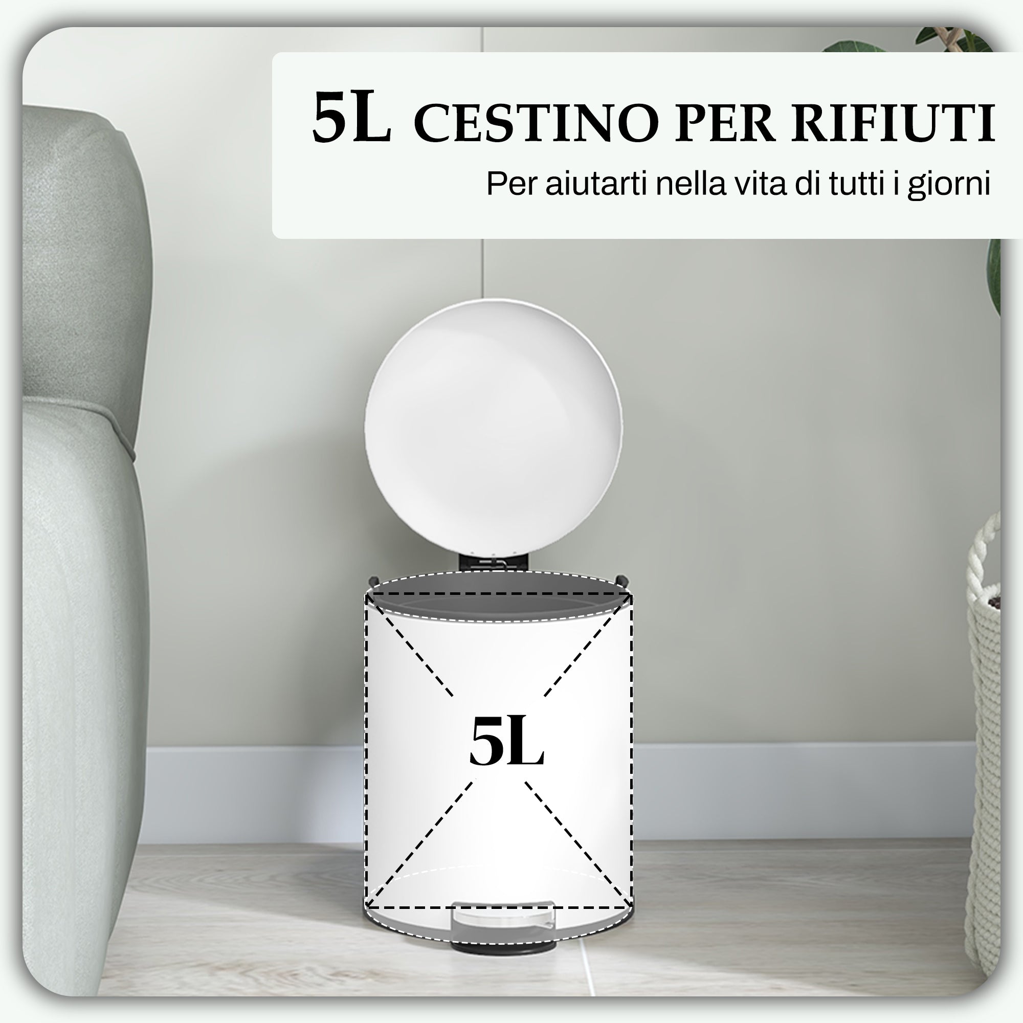 5L Pedal Trash Can with Soft Closing Lid, Metal and PP Waste Basket, 26.5x21x28 cm, Cream White