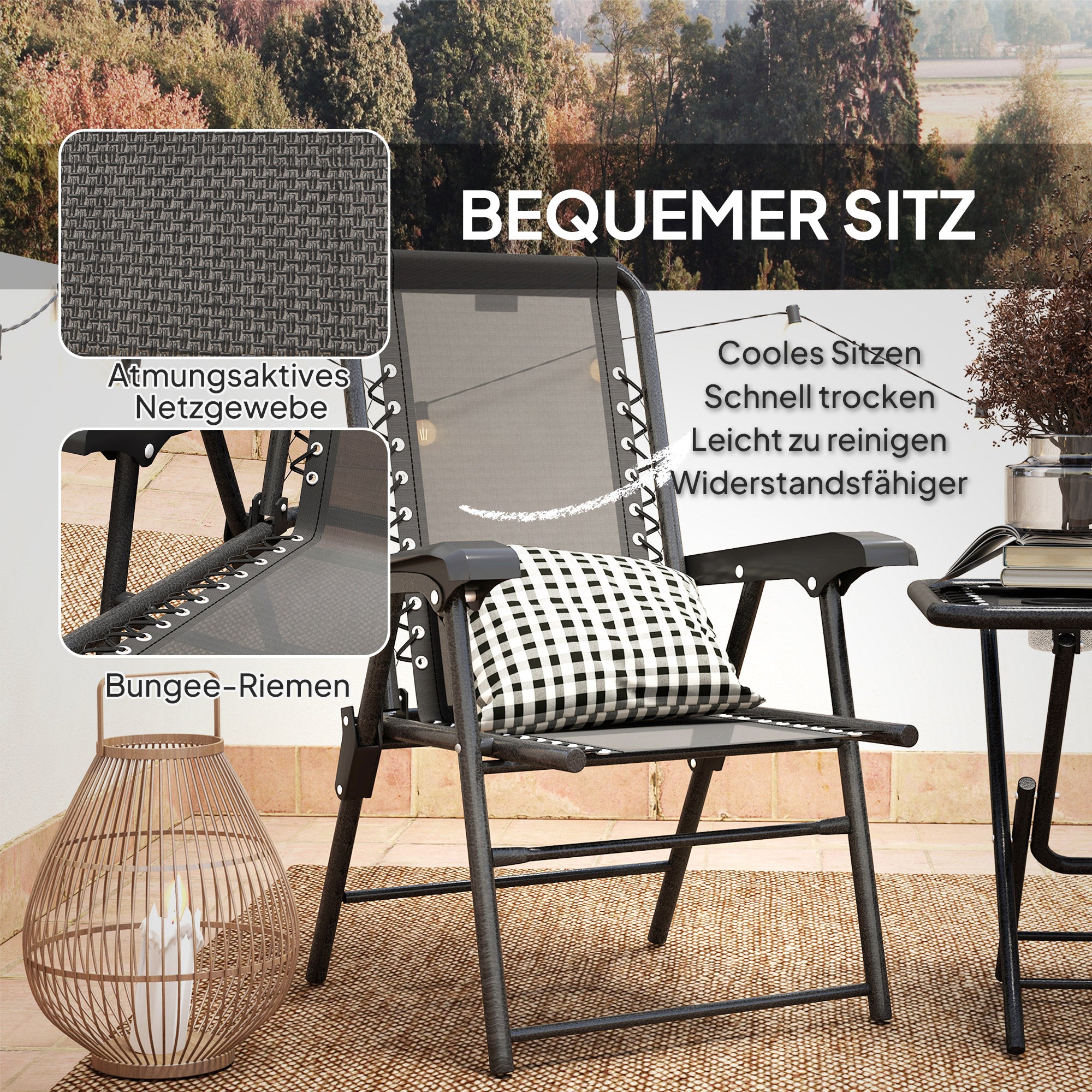 3-Piece Folding Bistro Set – Powder-Coated Steel, Black (2 Chairs + Table) with Cup Holders