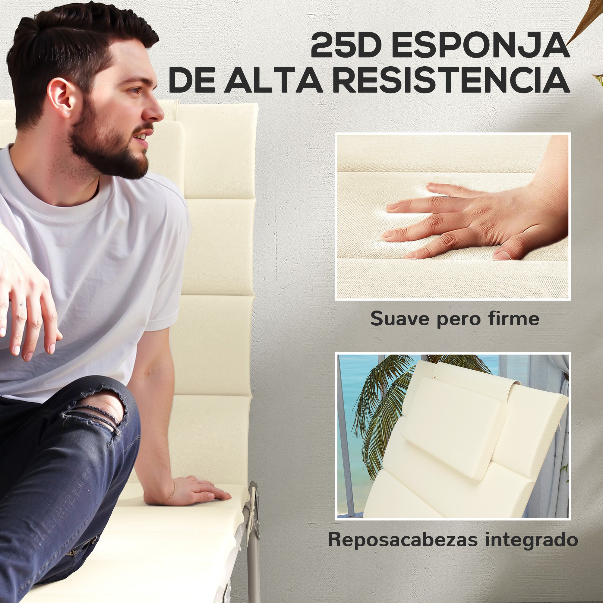 Pack 2 Cushions for Folding Sun Loungers Garden Sunbed Mattresses 203x66x3 cm with Headrest and Fastening Straps Cream