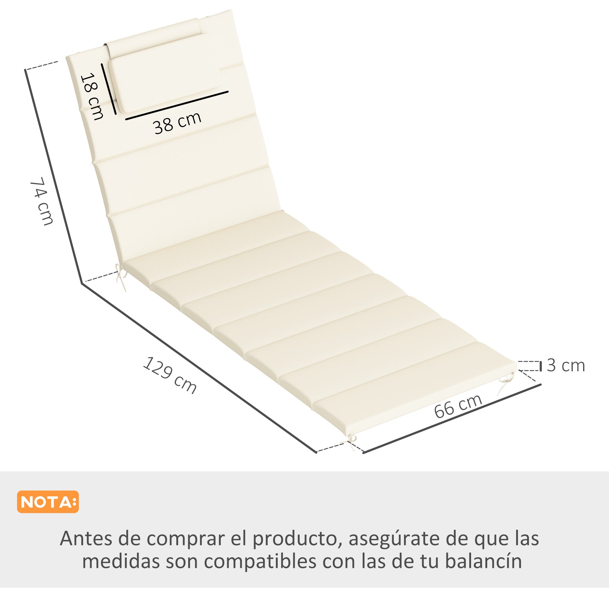 Pack 2 Cushions for Folding Sun Loungers Garden Sunbed Mattresses 203x66x3 cm with Headrest and Fastening Straps Cream