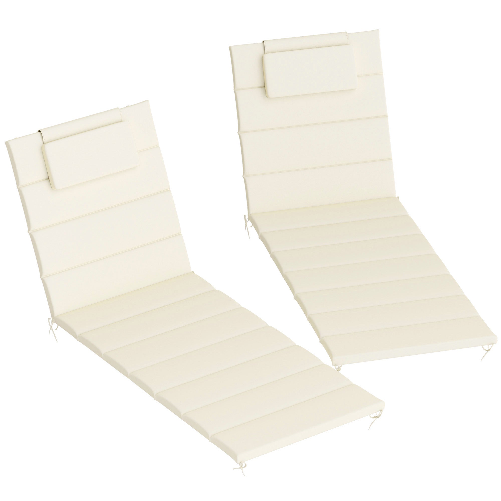 Pack 2 Cushions for Folding Sun Loungers Garden Sunbed Mattresses 203x66x3 cm with Headrest and Fastening Straps Cream