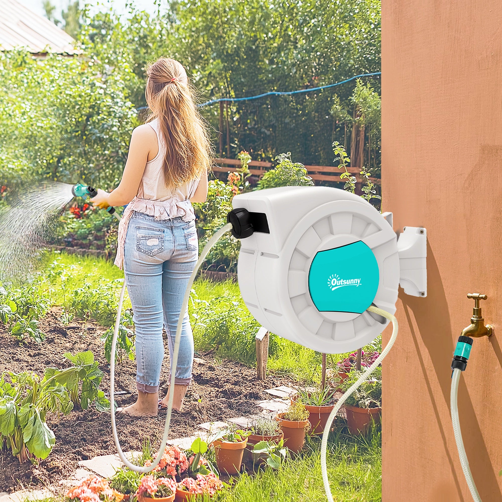 Garden Hose Reel 20+2 m with 7 Function Nozzle Wall-Mounted 180° Swivel Garden Hose Reel with Automatic Retractable Lock Light Gray