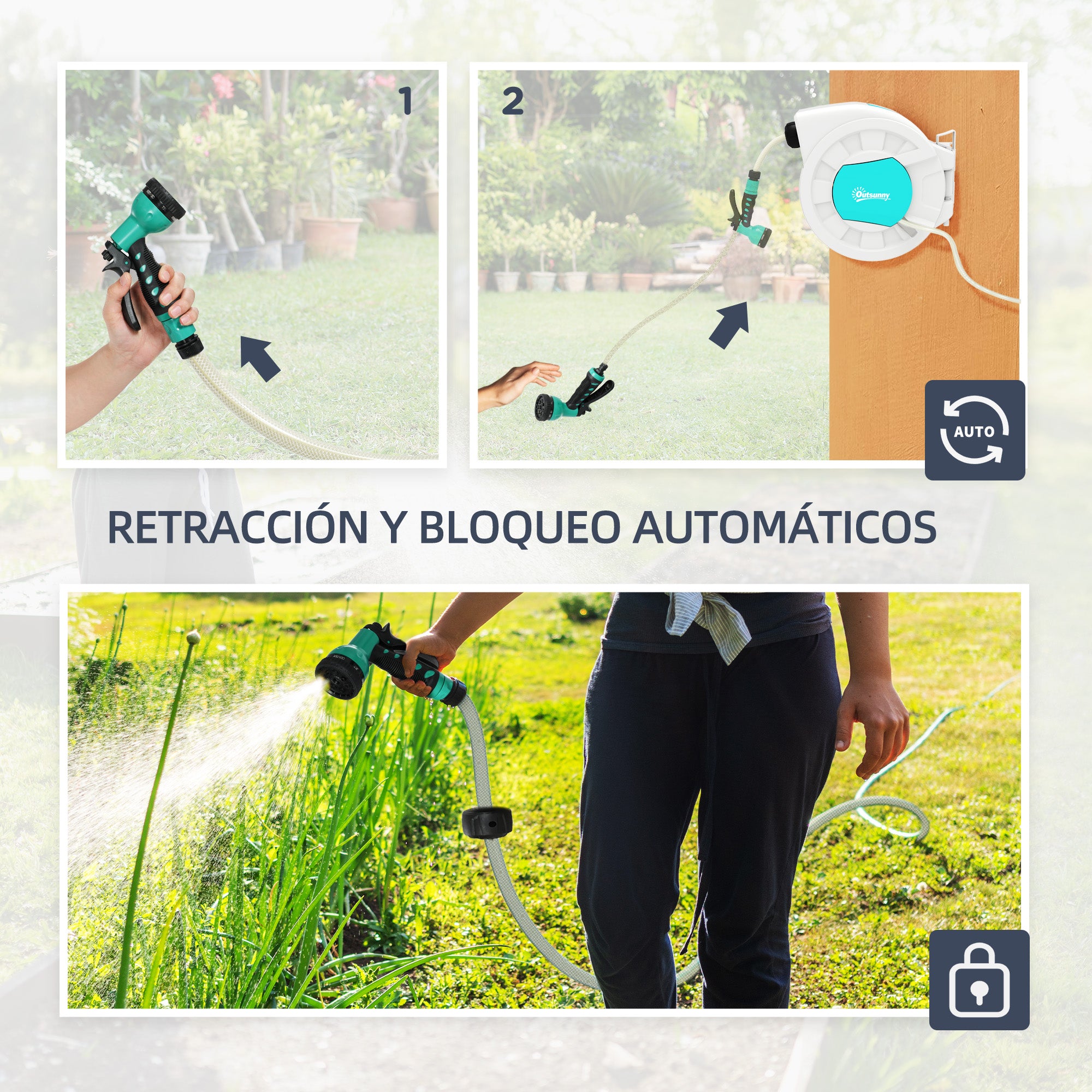 Garden Hose Reel 20+2 m with 7 Function Nozzle Wall-Mounted 180° Swivel Garden Hose Reel with Automatic Retractable Lock Light Gray