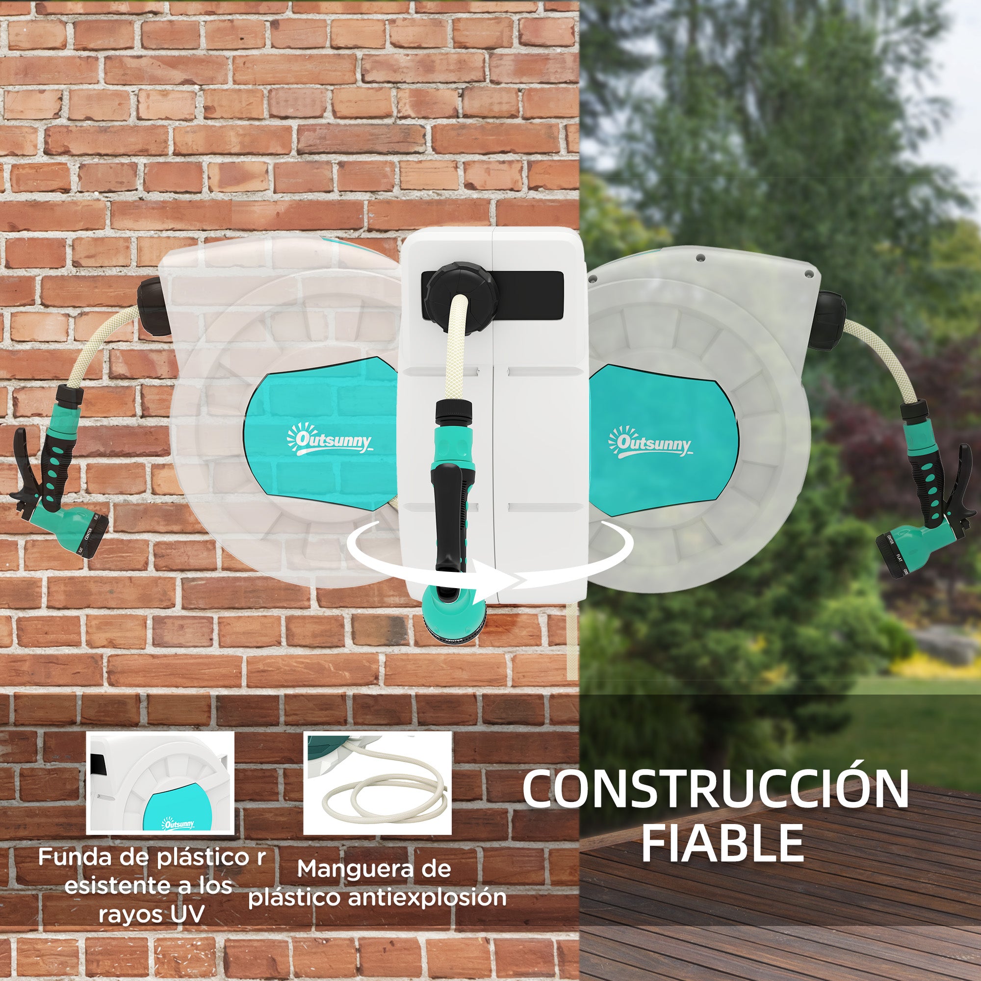 Garden Hose Reel 20+2 m with 7 Function Nozzle Wall-Mounted 180° Swivel Garden Hose Reel with Automatic Retractable Lock Light Gray