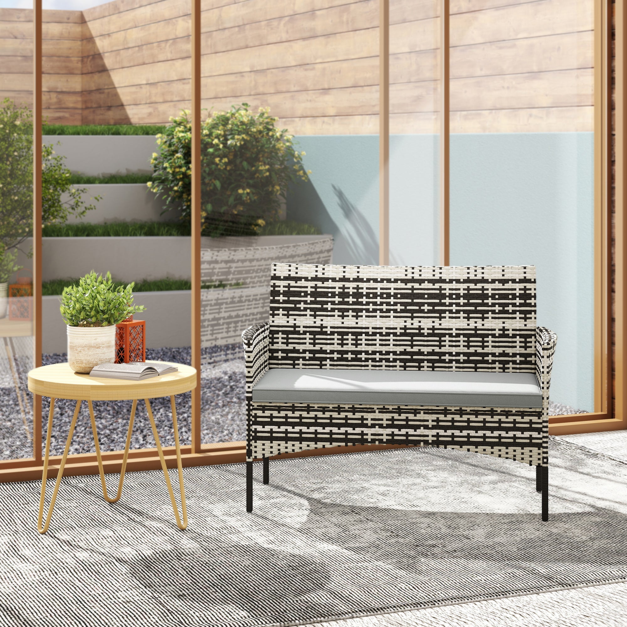 2-Seater Rattan Garden Sofa with Cushions — Weatherproof Outdoor Loveseat, Light Gray