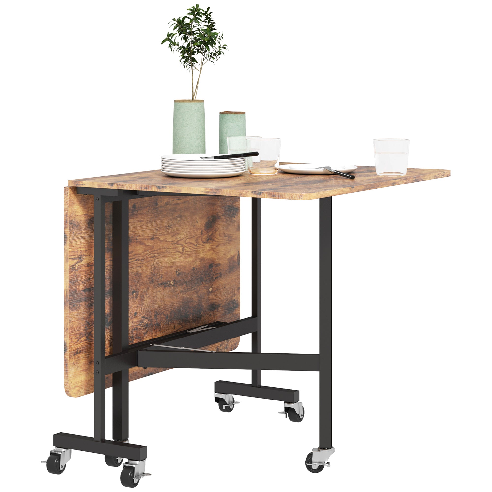 Folding Kitchen Table, Foldable Dining Table, with 2 Drop Leaves, 6 Wheels with Brakes, for 4-6 People, Load 100 kg, Steel Legs, 120 x 80 x 73 cm, Rustic Brown