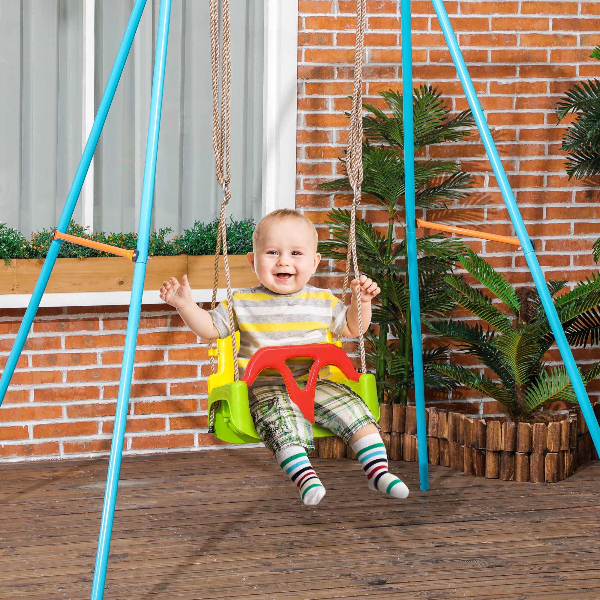 3 in 1 Baby Swing with Removable Backrest Adjustable Ropes and T-Bar Children's Swing for 9-36 Months for Indoor and Outdoor Use 42x33x120-180 cm Green