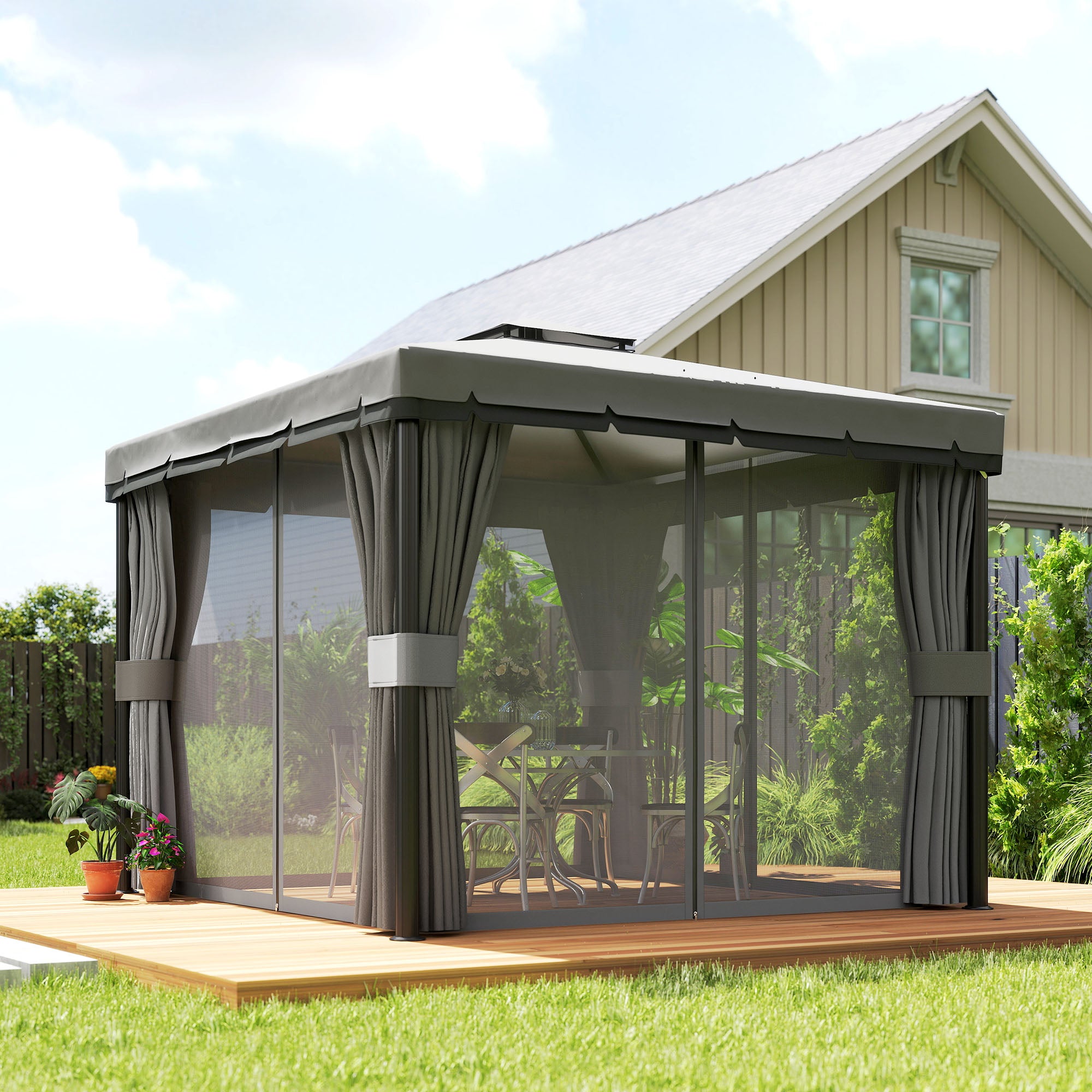 10'x10' Waterproof Garden Gazebo with Double Roof, Zippered Mosquito Nets, Aluminum Frame – Dark Gray