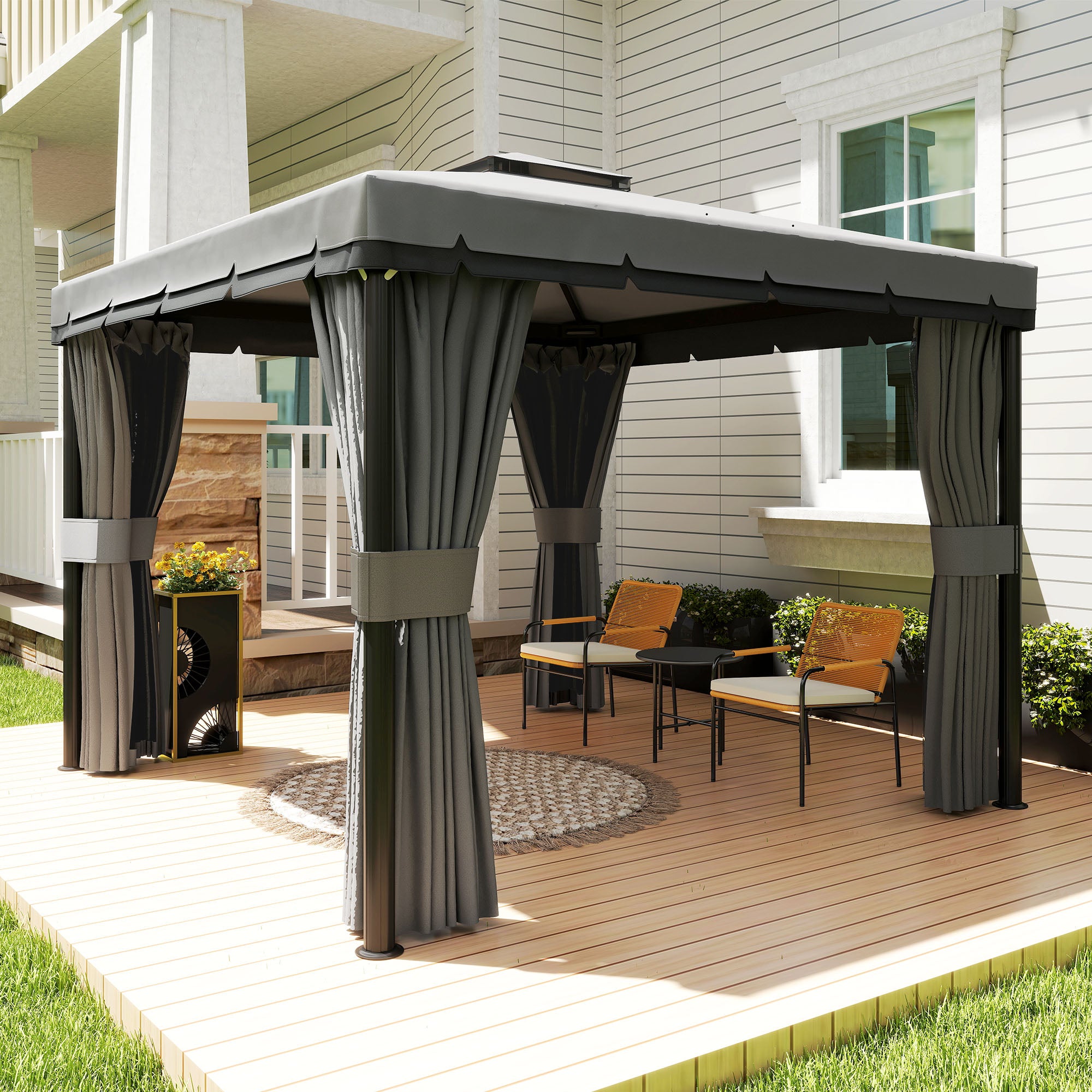 10'x10' Waterproof Garden Gazebo with Double Roof, Zippered Mosquito Nets, Aluminum Frame – Dark Gray