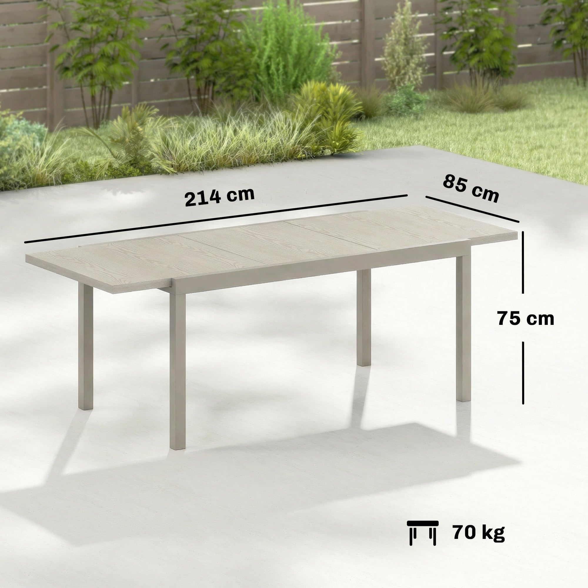 Extendable Garden Table, 60.6–84.3 in x 33.5 in Aluminum Dining Table for 8–10 People, Rectangular Balcony/Patio Table with Wood-Effect Top, Weatherproof — Light Gray