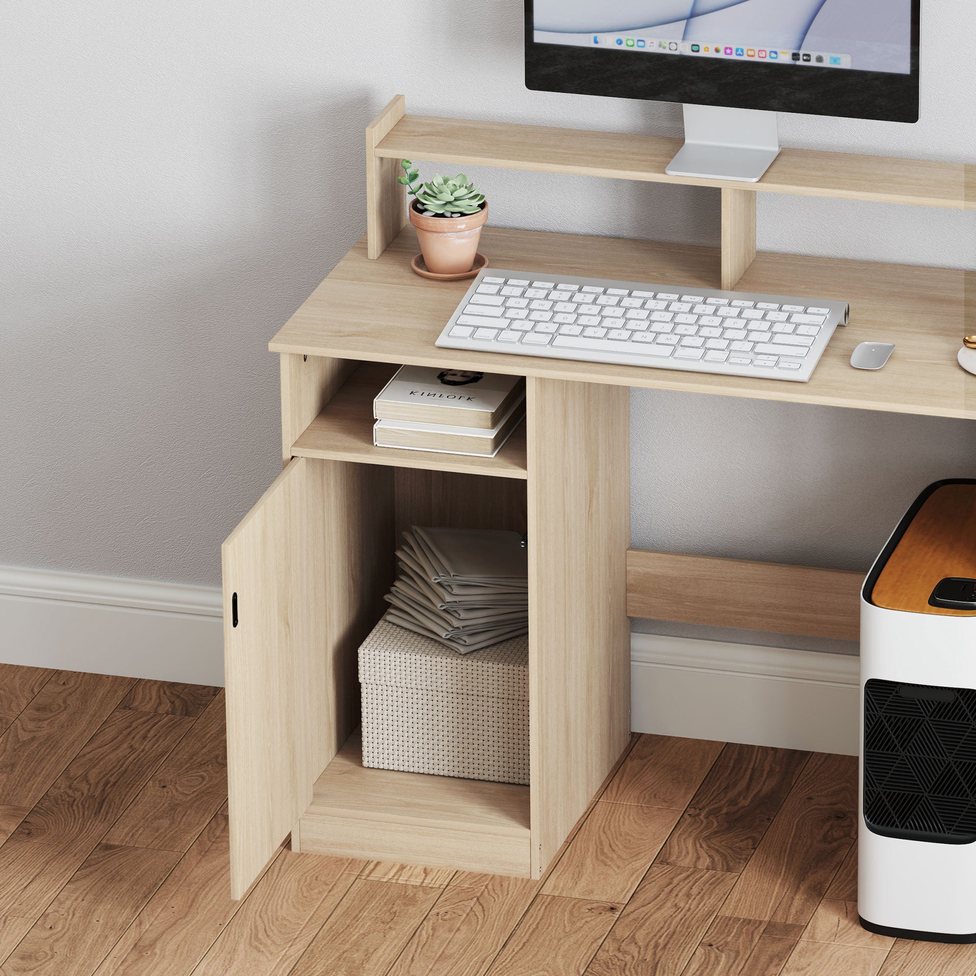 Modern Desk with Shelving Desk with Open Compartments and Monitor Stand Study Desk Home Office 108x50x94 cm Natural