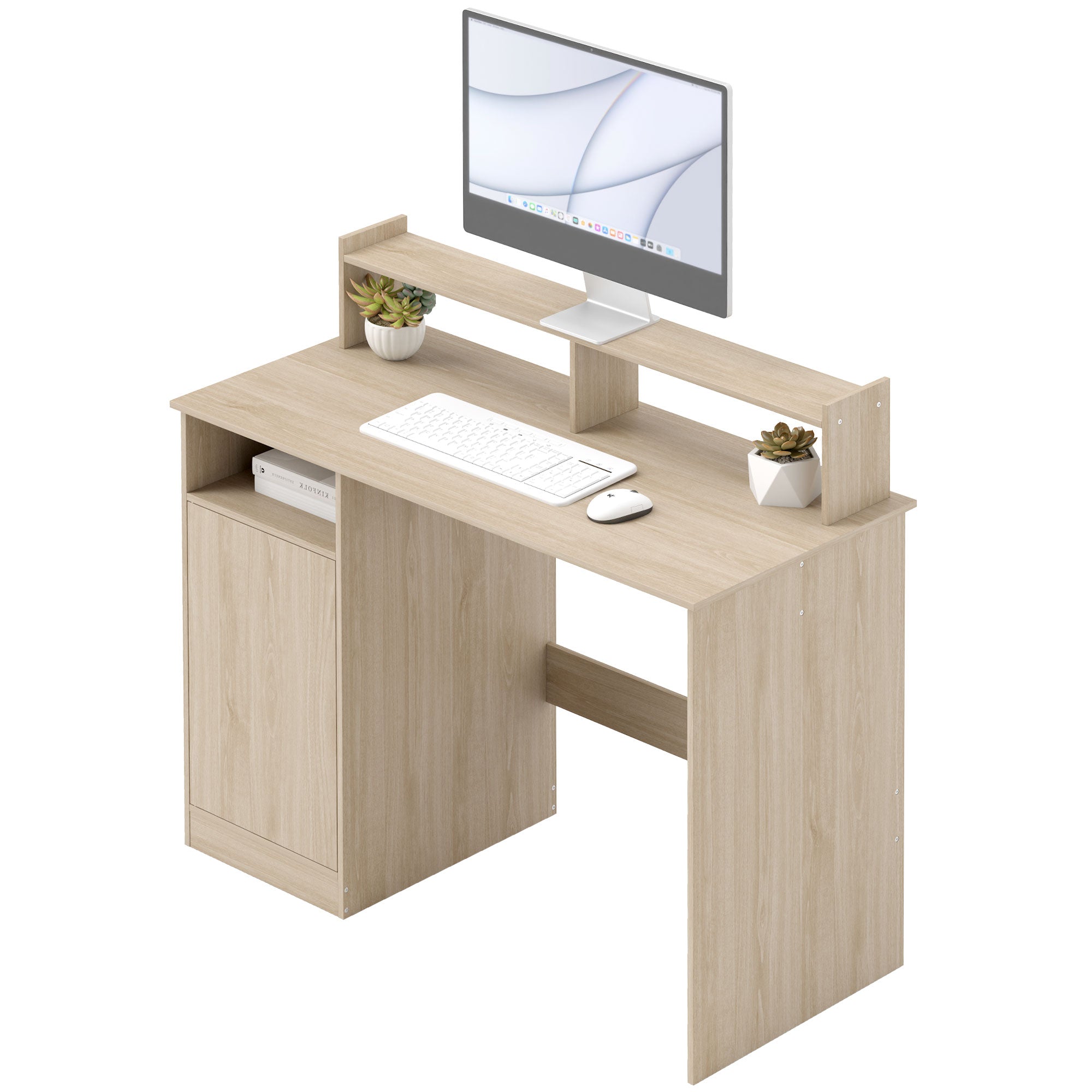 Modern Desk with Shelving Desk with Open Compartments and Monitor Stand Study Desk Home Office 108x50x94 cm Natural