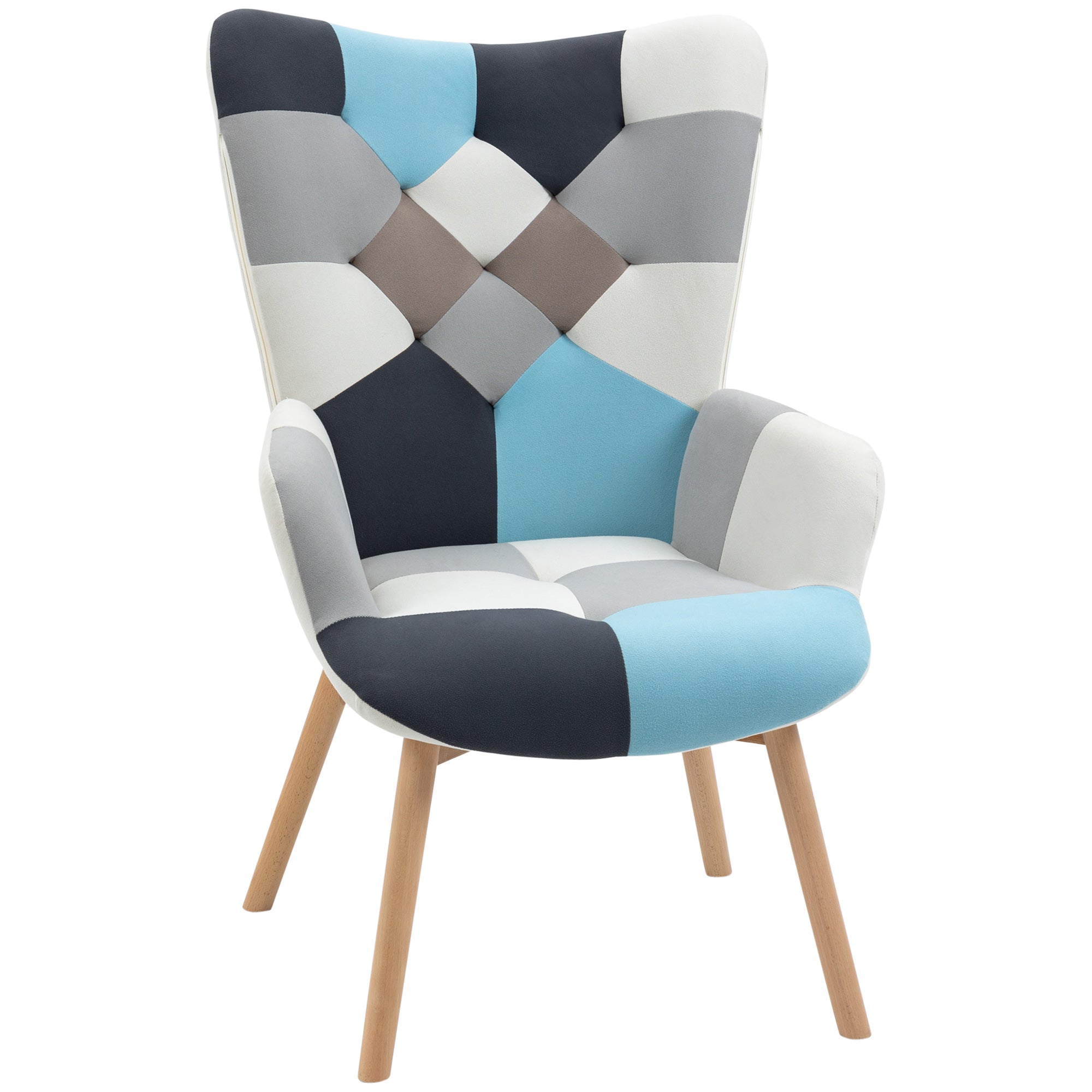 Armchair with Quilted Velvet Cover and Wooden Legs, 66x76x98cm, Multicolor
