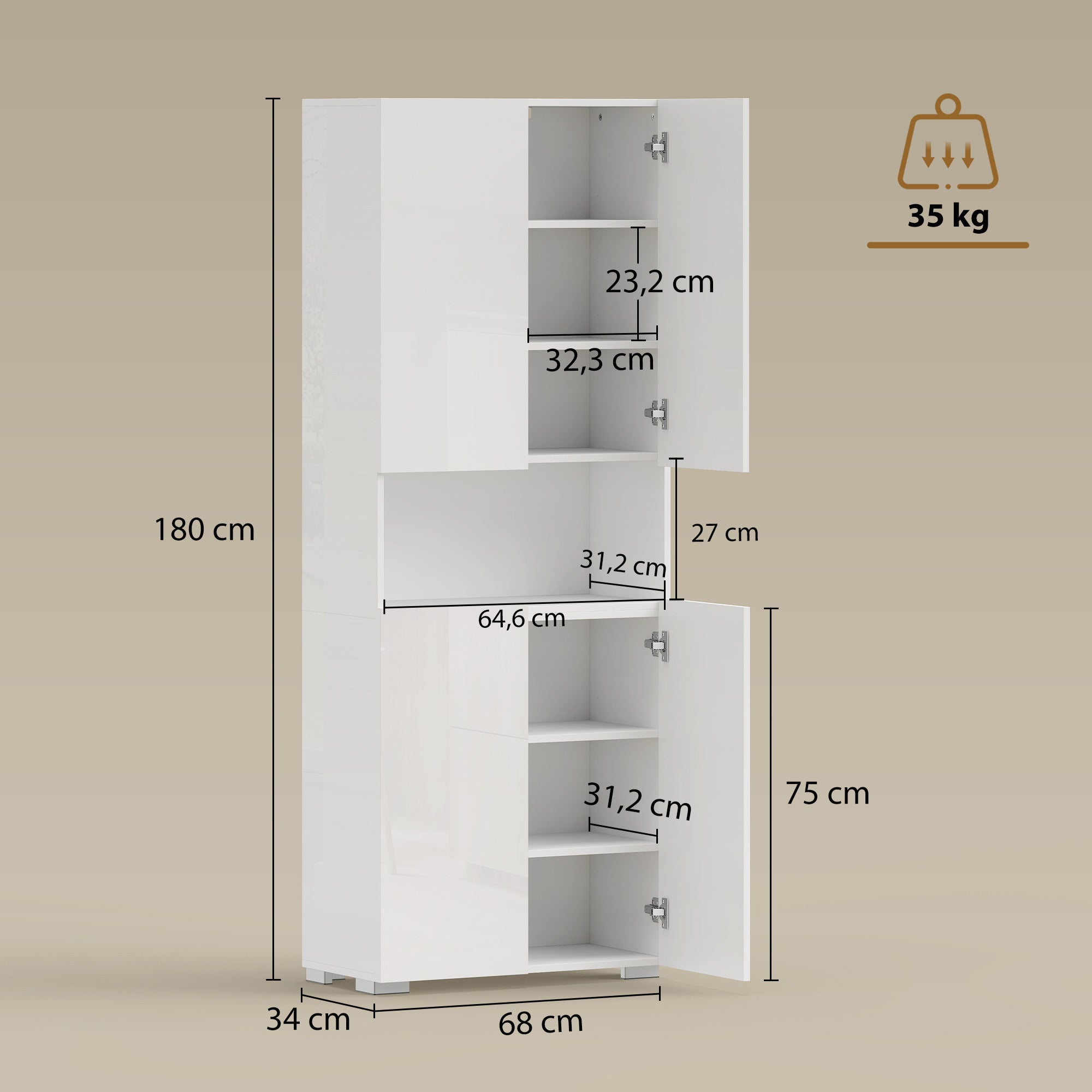 71 in Tall Freestanding Kitchen Pantry – High-Gloss White, Soft-Close Doors & Adjustable Shelves