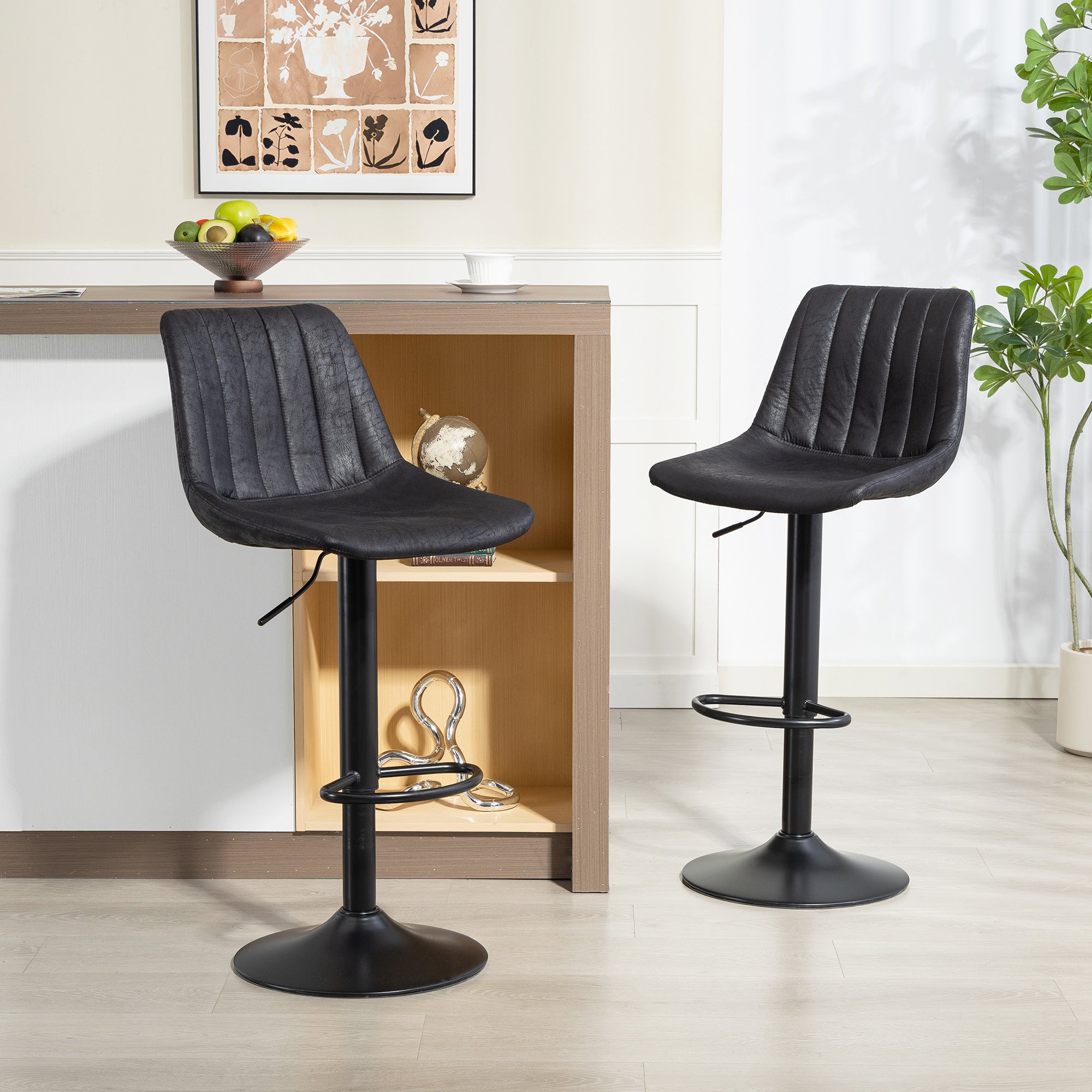 Bar Stools 2-Pack, Padded Metal Frame Bar Chairs with Backrest, Height-Adjustable Kitchen Stools with Footrest, 360° Swivel, Counter Stools for Kitchen, Living Room, Dining Room, Microfiber Black
