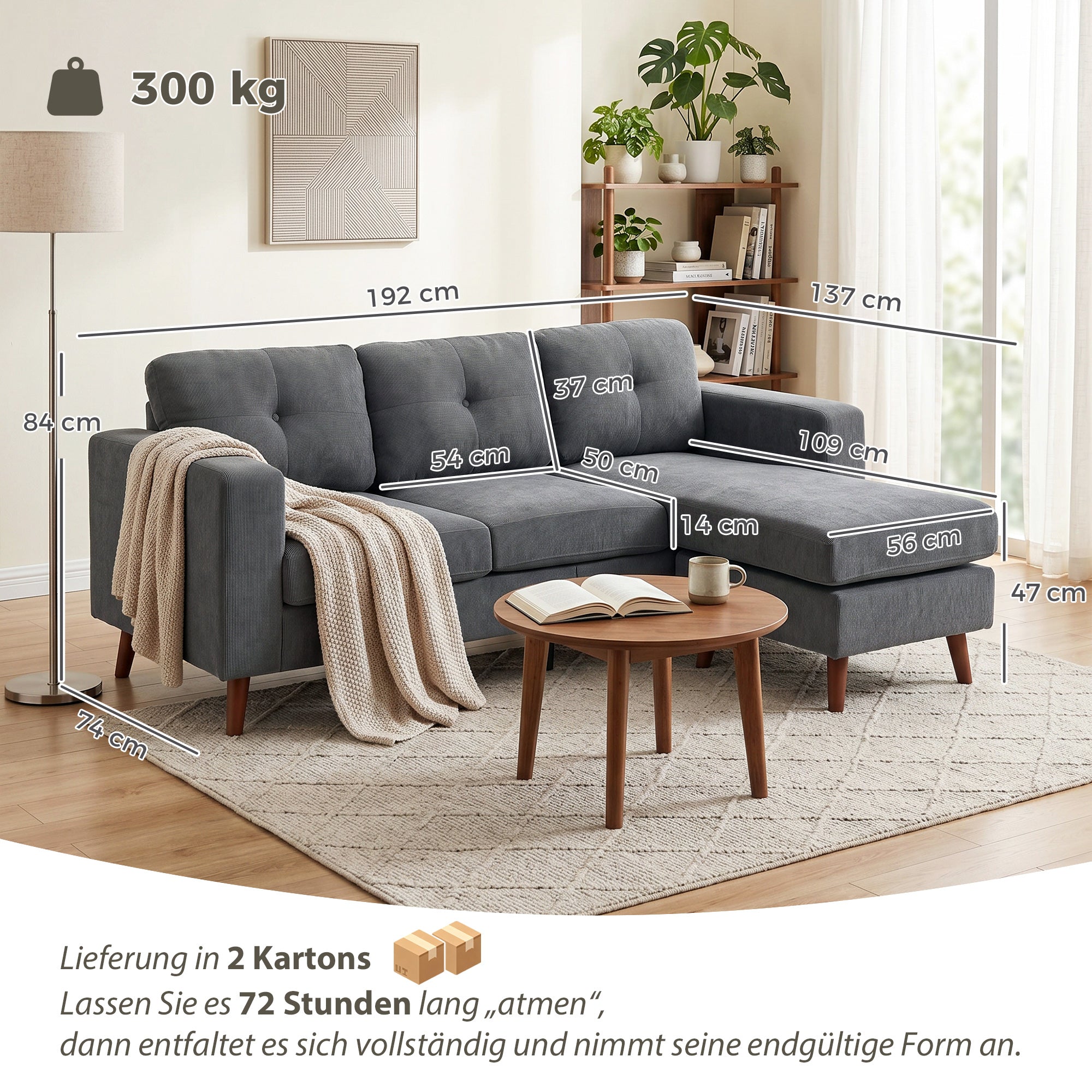 L-Shape Corner Sofa 192 cm (3-Seater) with Reversible Chaise, Corduroy Upholstery, Compact Corner Couch for Small Spaces, Living Room, Dark Gray