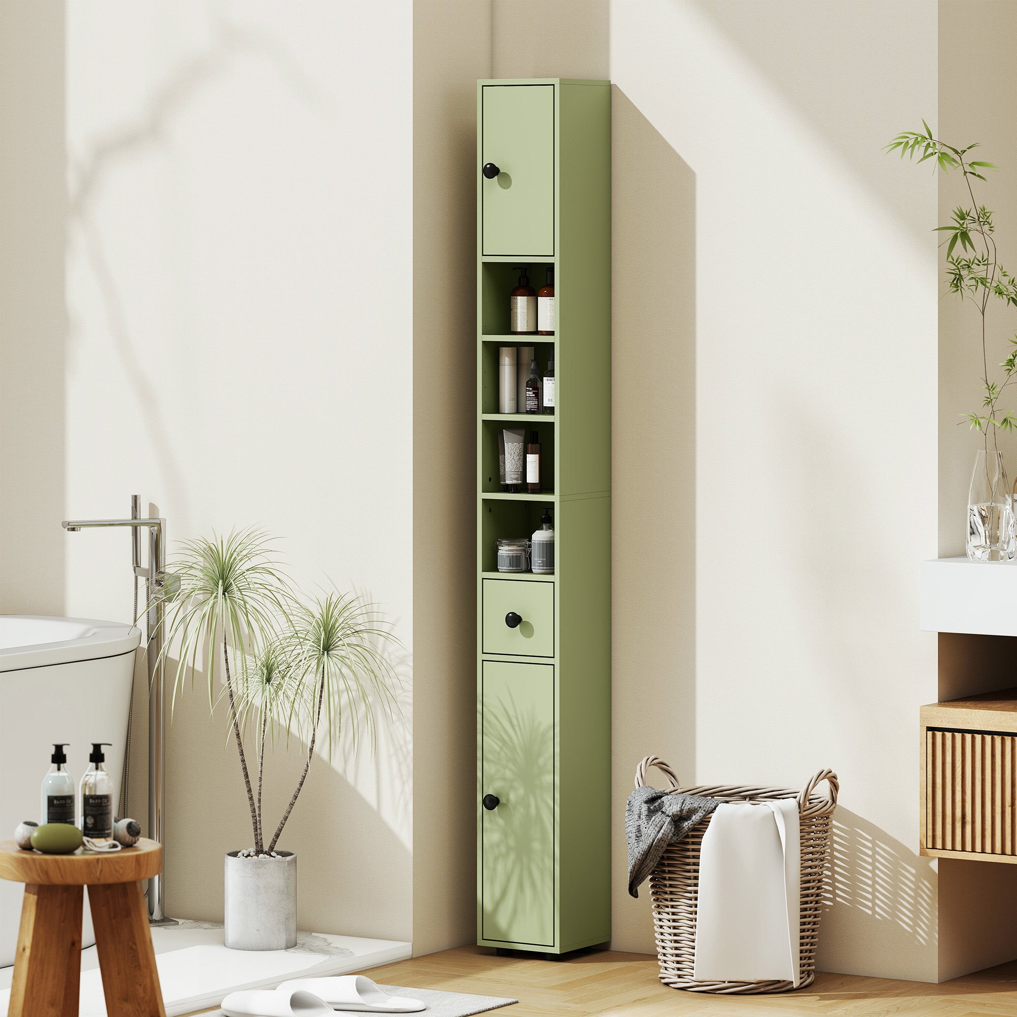 Slim Tall Bathroom Cabinet — Narrow Toilet Storage with Drawer & 4 Open Shelves, Ideal for Small Bathrooms & Living Rooms, 20 x 20 x 180 cm (7.9 x 7.9 x 71 in), Green