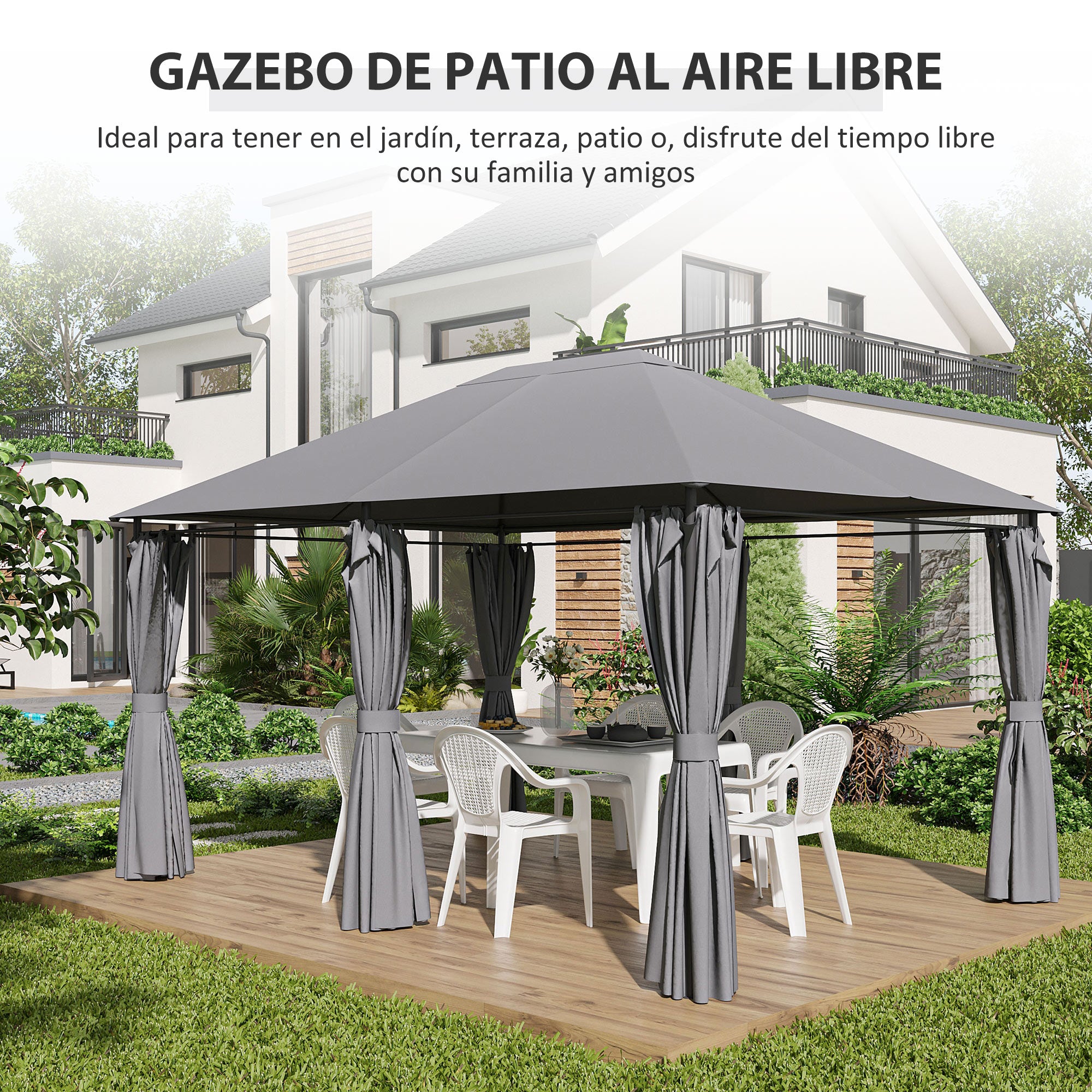 4x3m Garden Gazebo Outdoor Pavilion with 6 Side Walls 8 Drainage Holes and Steel Frame Gazebo for Parties Patio Terrace Gray