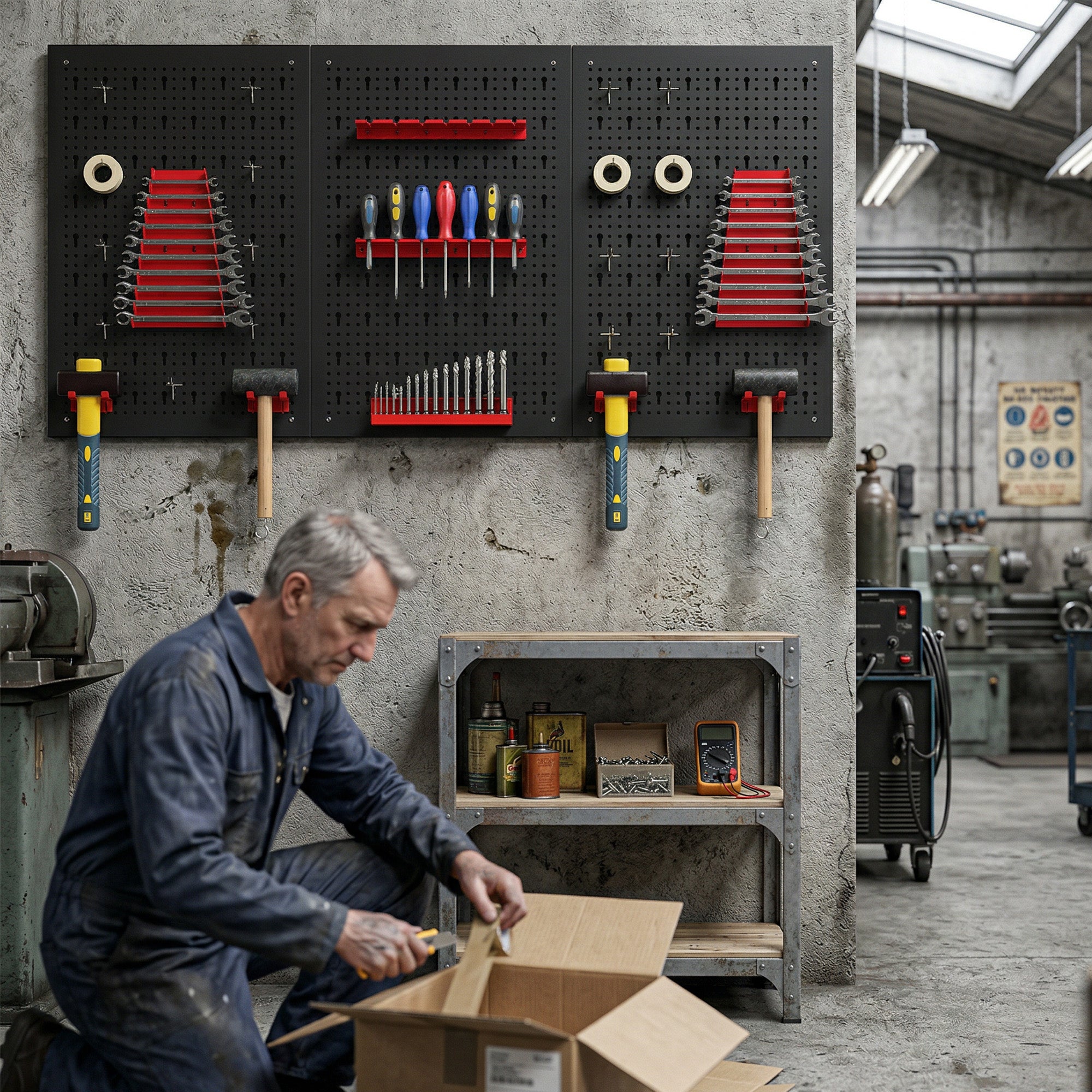 Wall Storage Pegboard System 23.6 x 15.7 in, 28-Piece Tool Rack with Hooks & Compartments, Black/Red