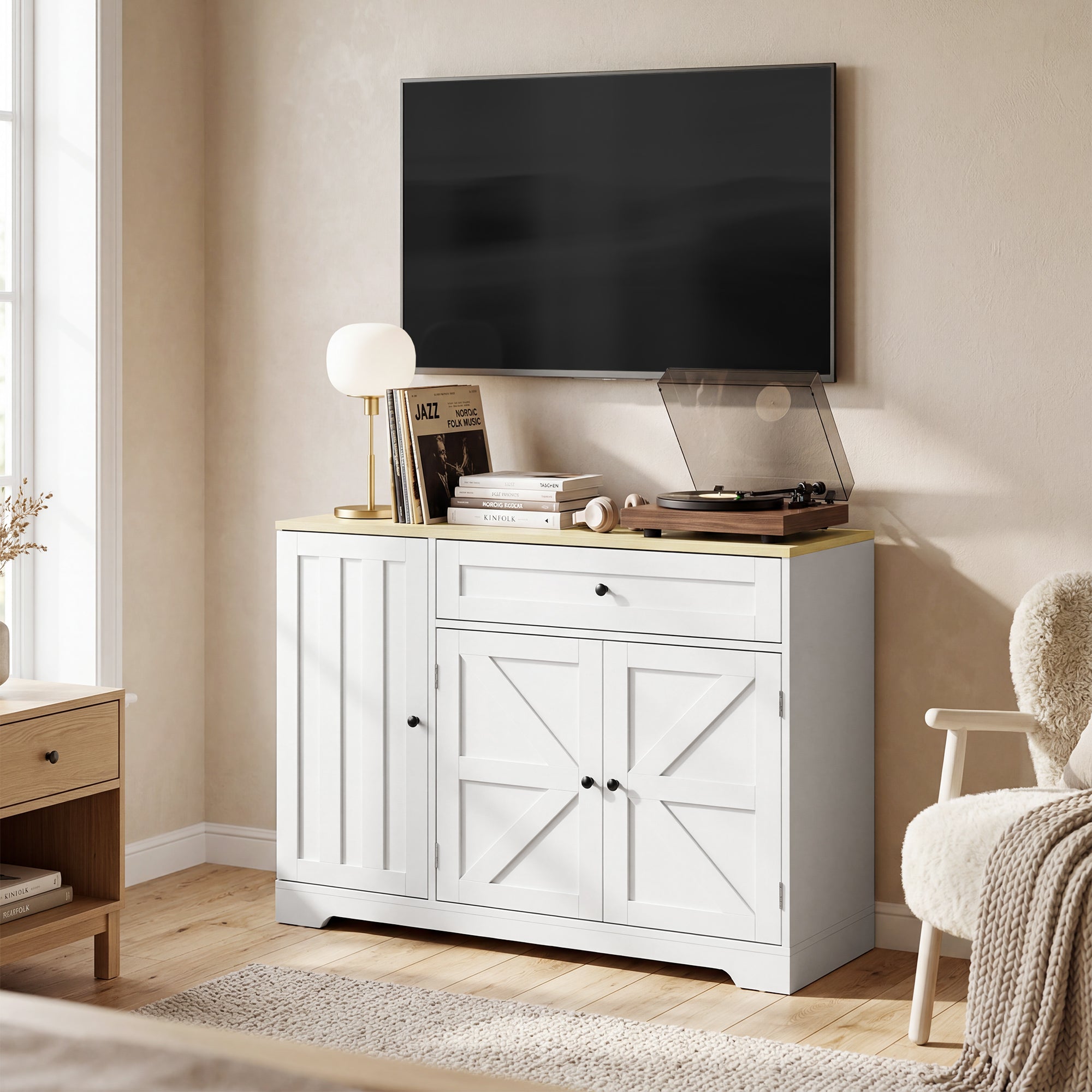 Sideboard Kitchen Cabinet with Drawer, 3 Doors & Adjustable Shelves, Farmhouse Style, 100 x 40 x 81 cm (39.4 x 15.7 x 31.9 in), White