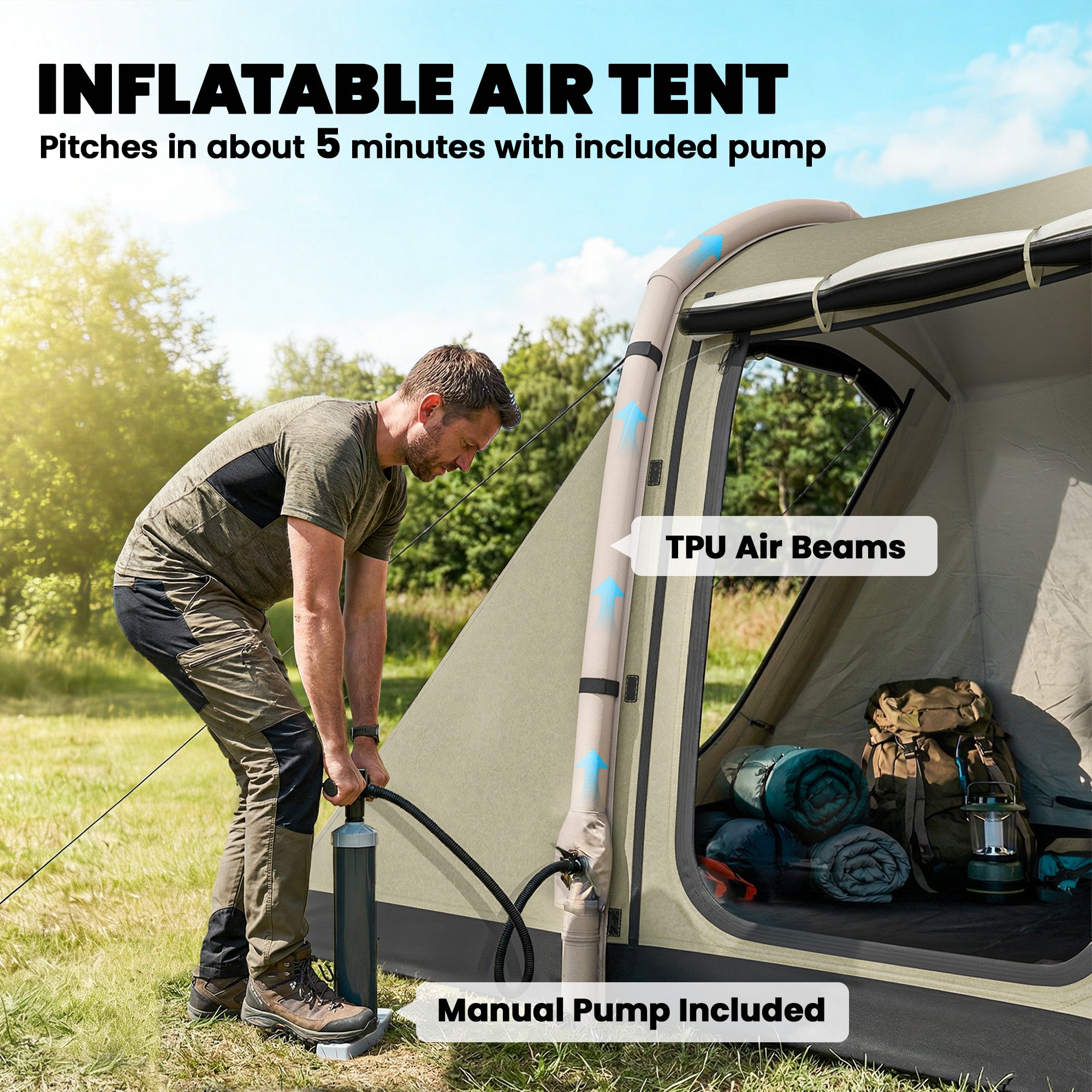 Inflatable 5–6 Person Camping Tent — Fast Air Setup, Mesh Windows, Waterproof Oxford Fabric, Awning & Groundsheet