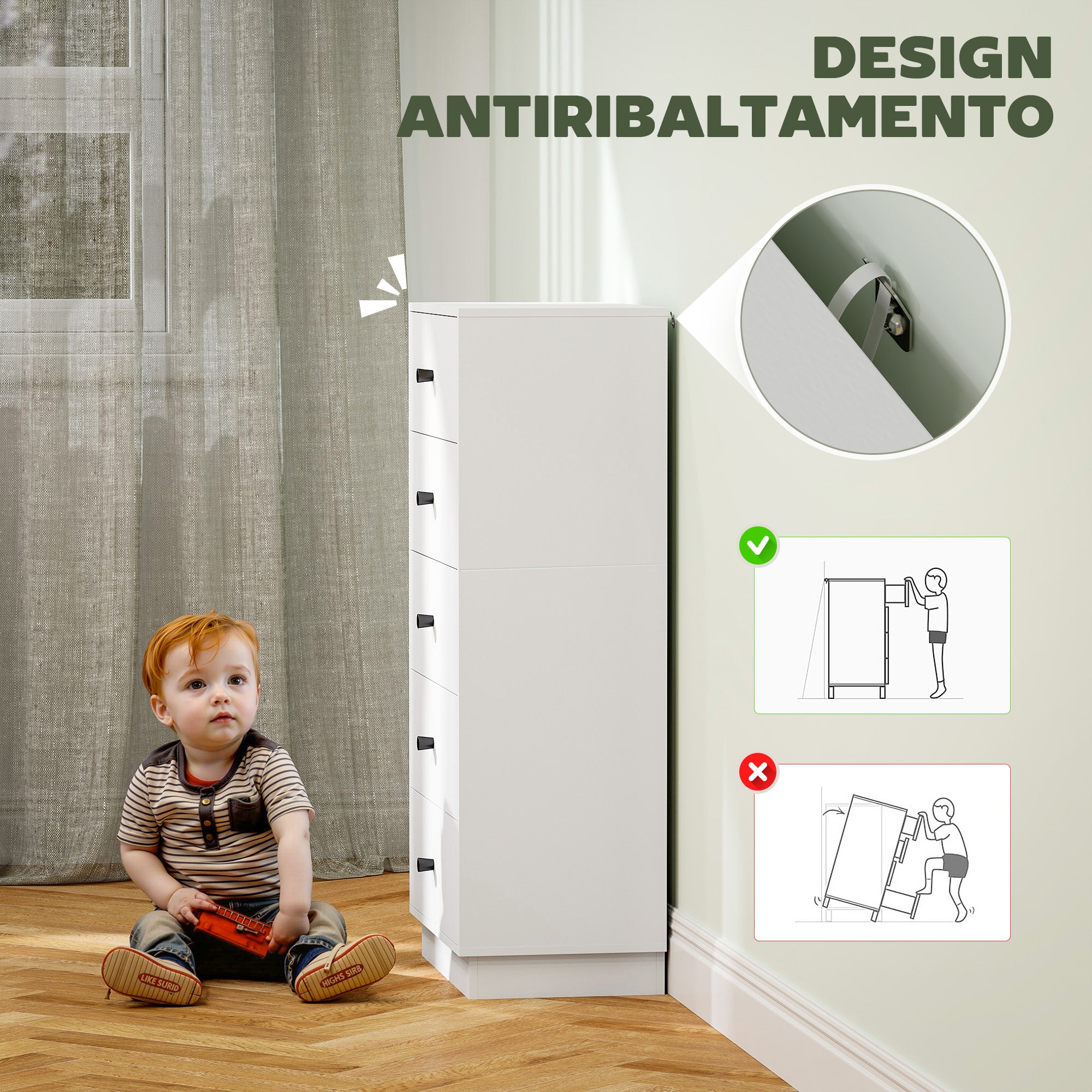 5-Drawer Bedroom Dresser, Modern Dresser with Round Handles, Tall and Slim Chest of Drawers for Entryway, Living Room, Kids' Room, and Hallway in Wood, 47x29x95 cm, White