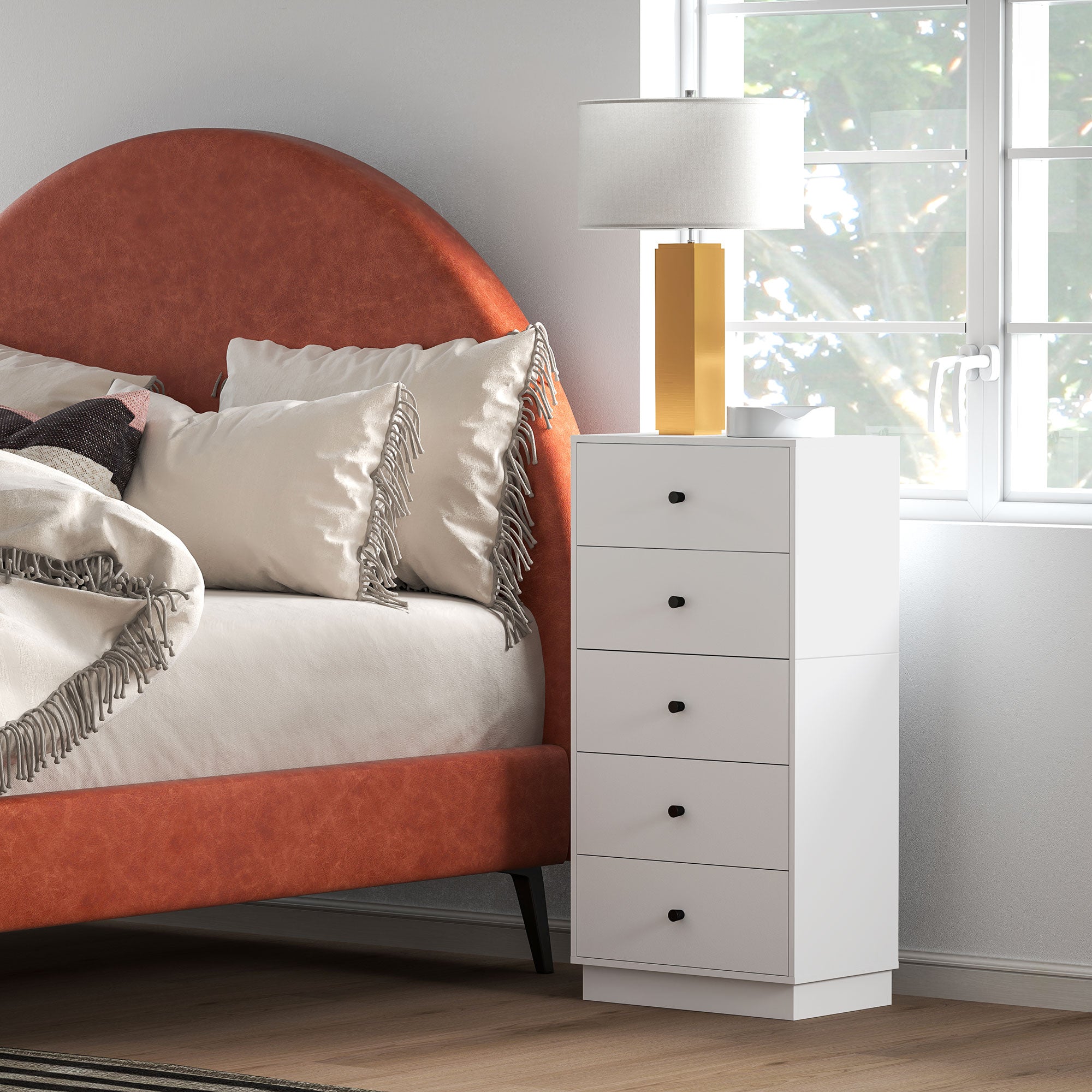 5-Drawer Bedroom Dresser, Modern Dresser with Round Handles, Tall and Slim Chest of Drawers for Entryway, Living Room, Kids' Room, and Hallway in Wood, 47x29x95 cm, White